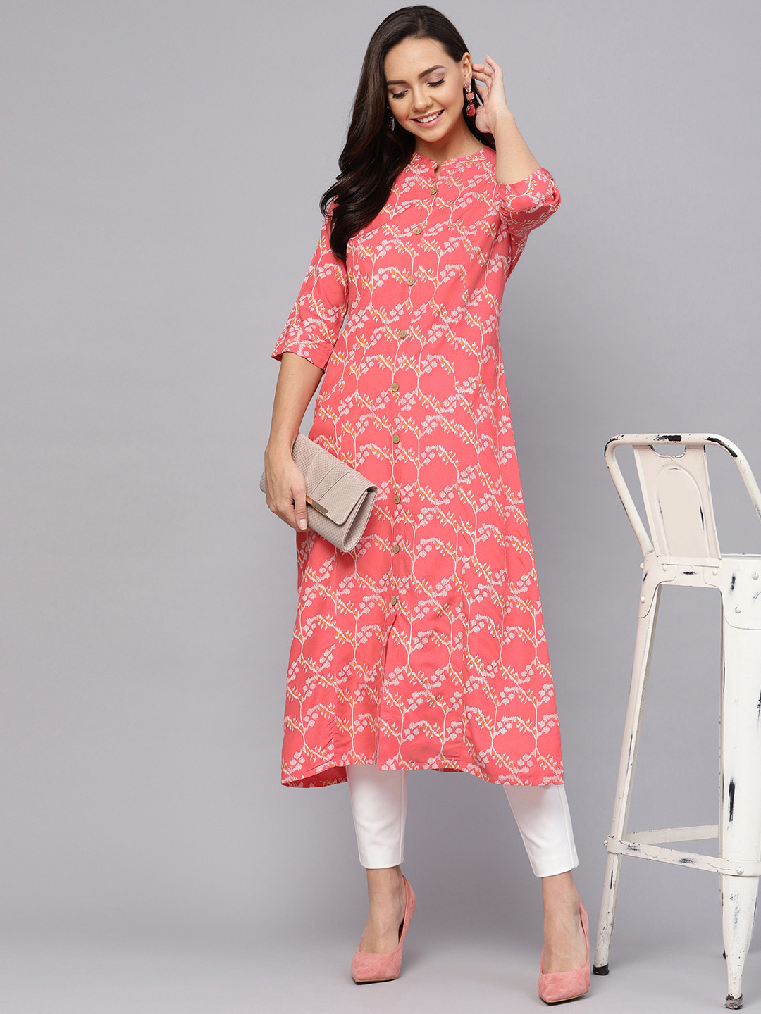 Ishin Women Coral Pink & Off-White Printed A-Line Kurta