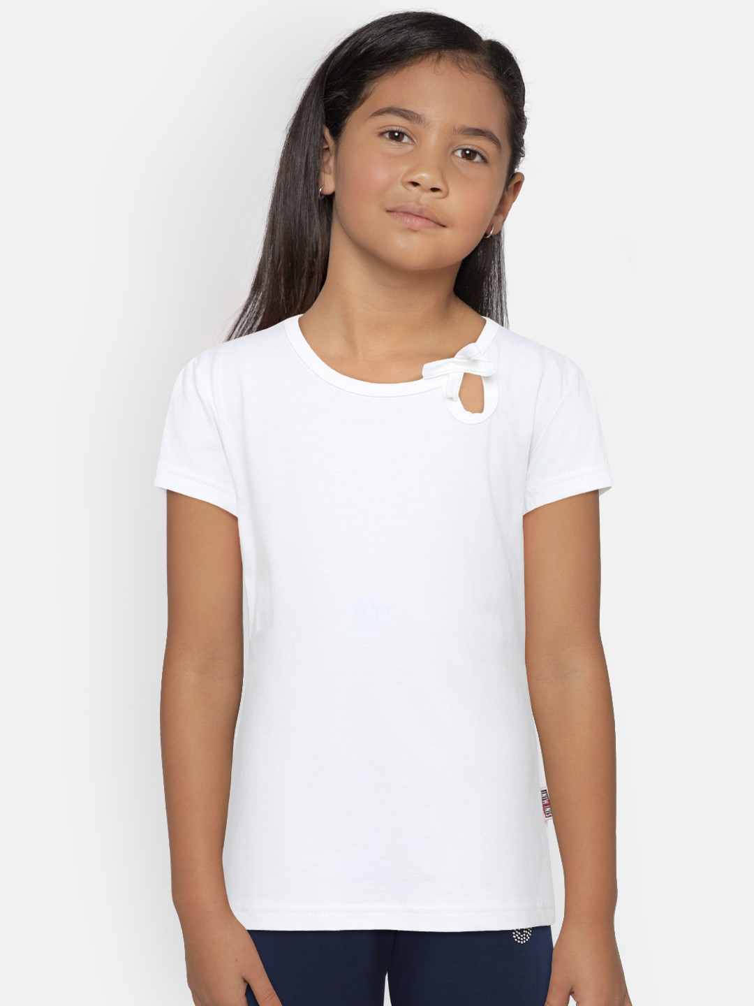 SINI MINI Girls White Solid Round Neck Pure Cotton T-shirt
