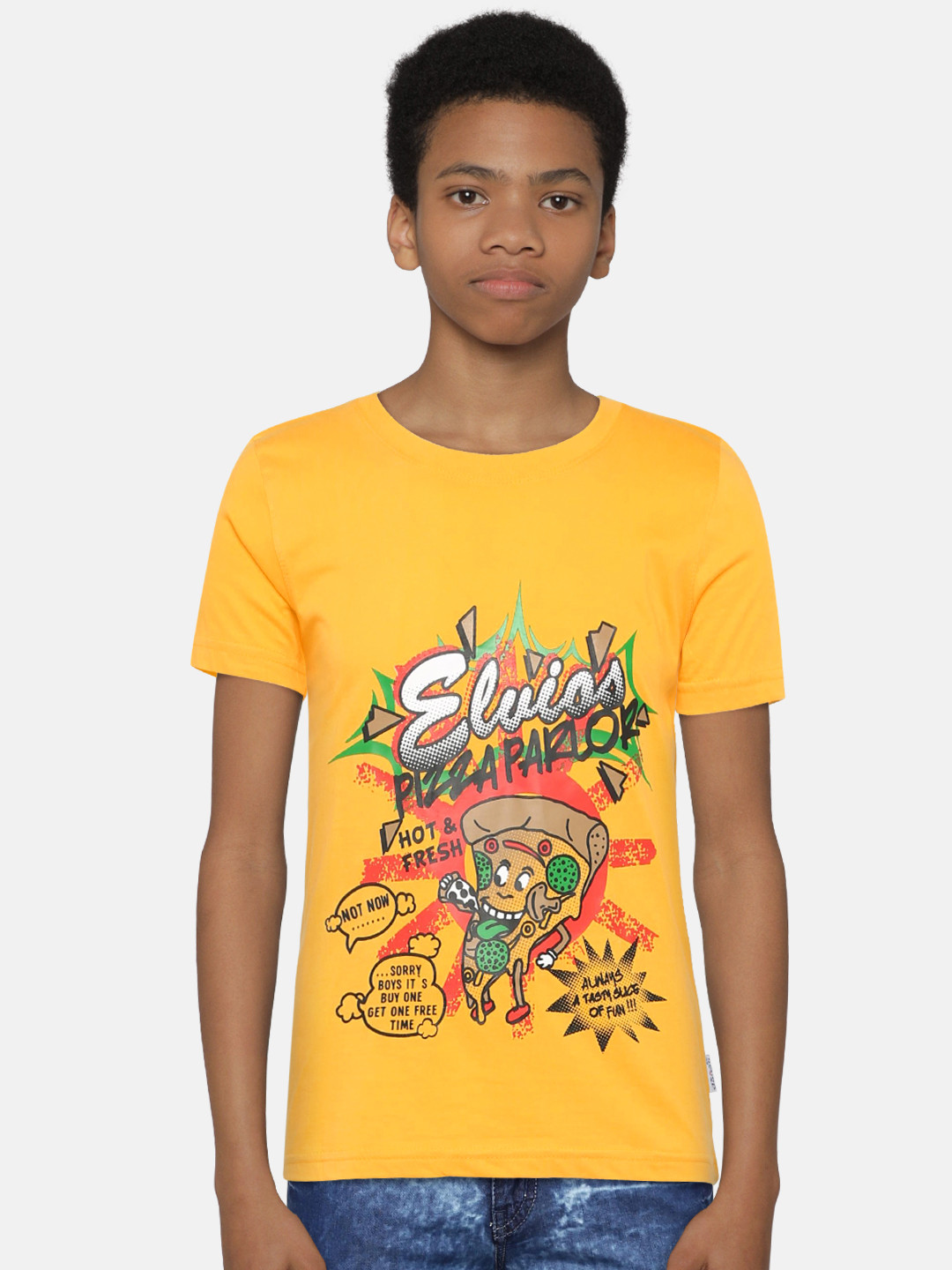 dongli Boys Yellow Printed Round Neck T-shirt