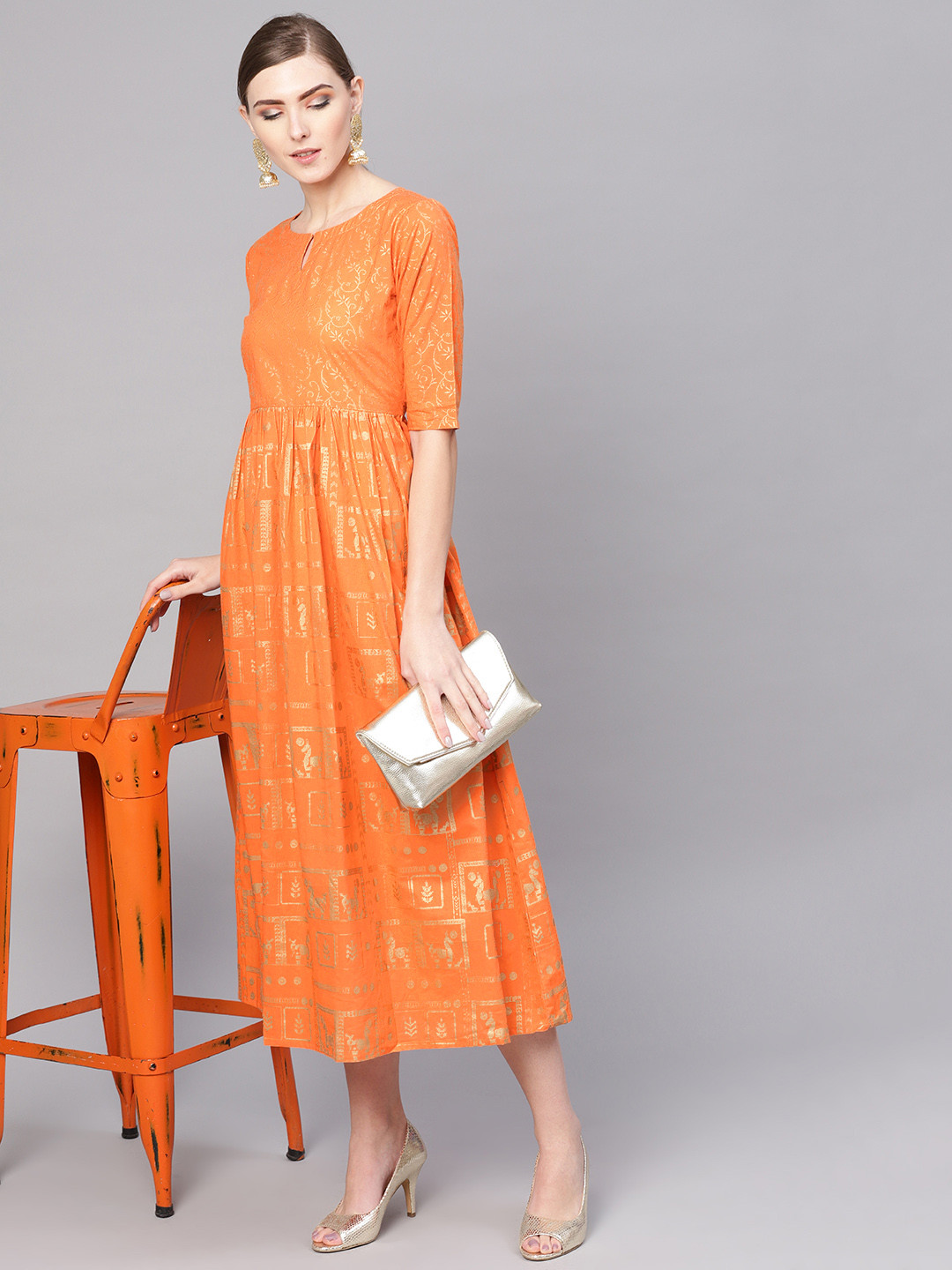 Gerua By Libas Women Orange  Golden Block Print Maxi Dress