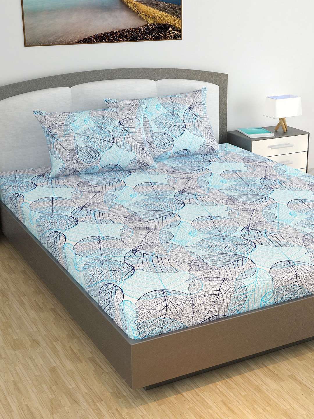 Divine Casa Blue Leaf Cotton 120 TC King Bedsheet with 2 Pillow Covers-270 x 270 cm