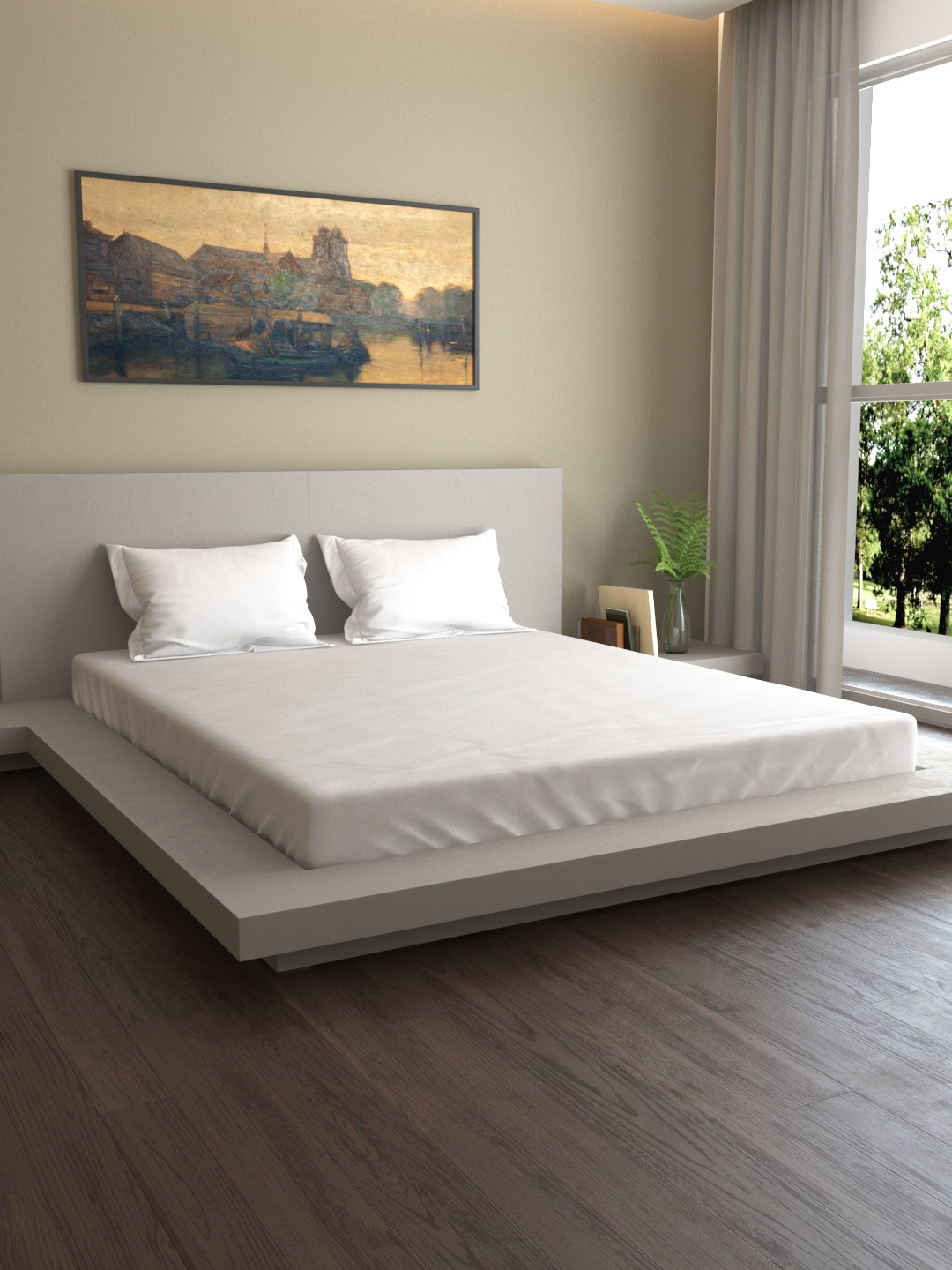 MARK HOME Off White Solid Cotton 400 TC Single Bedsheet with 2 Pillow Covers-153 x 230 cm