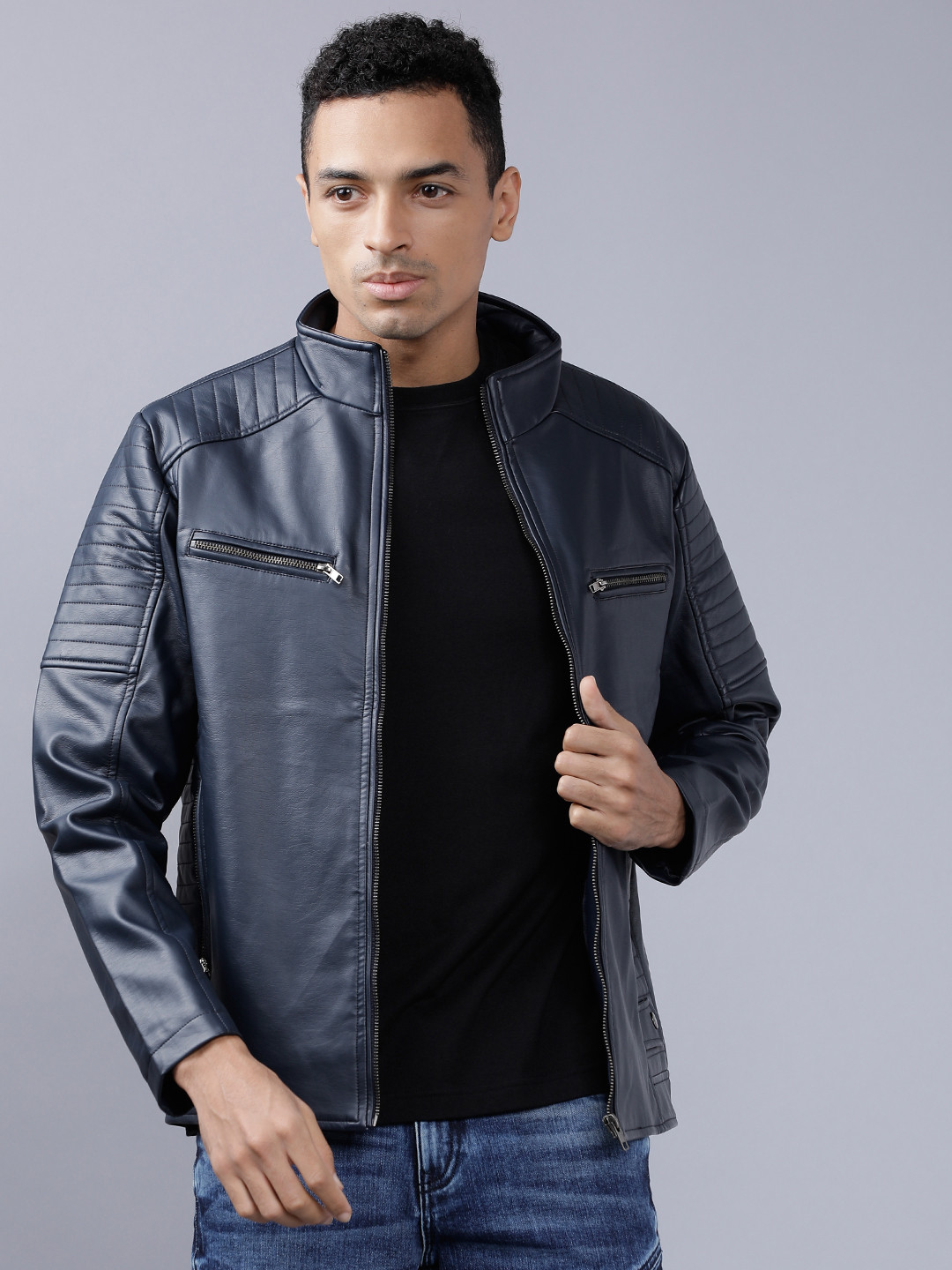 HIGHLANDER Men Navy Blue Solid Biker Jacket