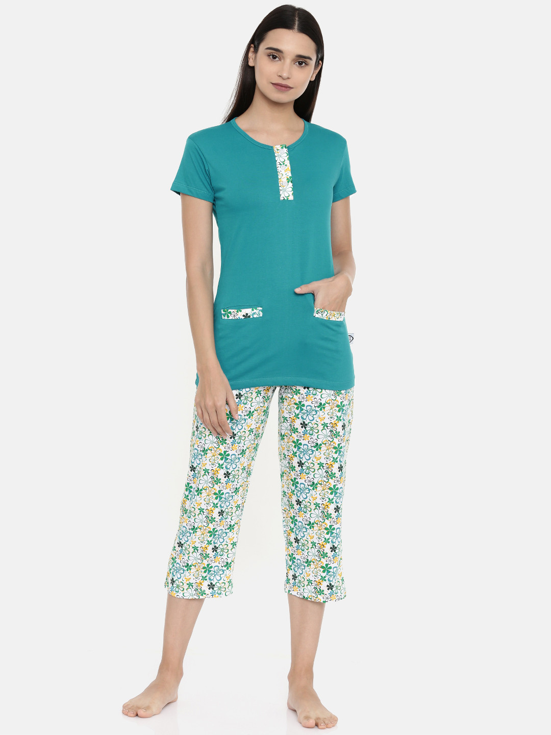 zebu Women Teal Blue & White Night suit