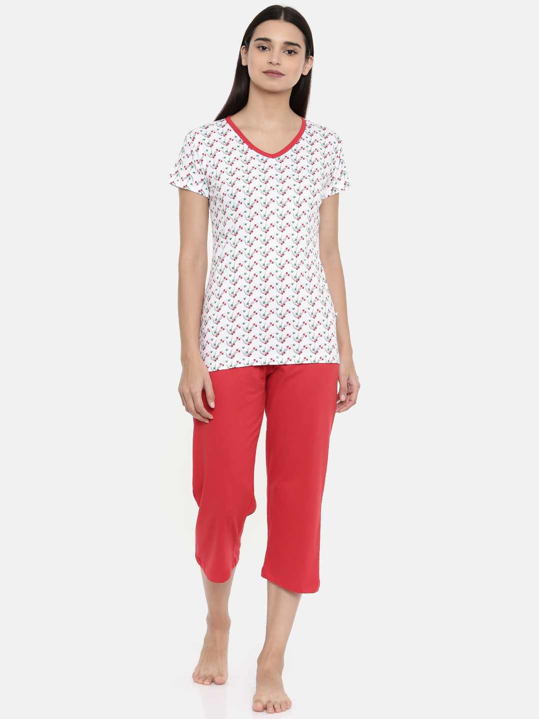 zebu Women White & Red Printed Night suit