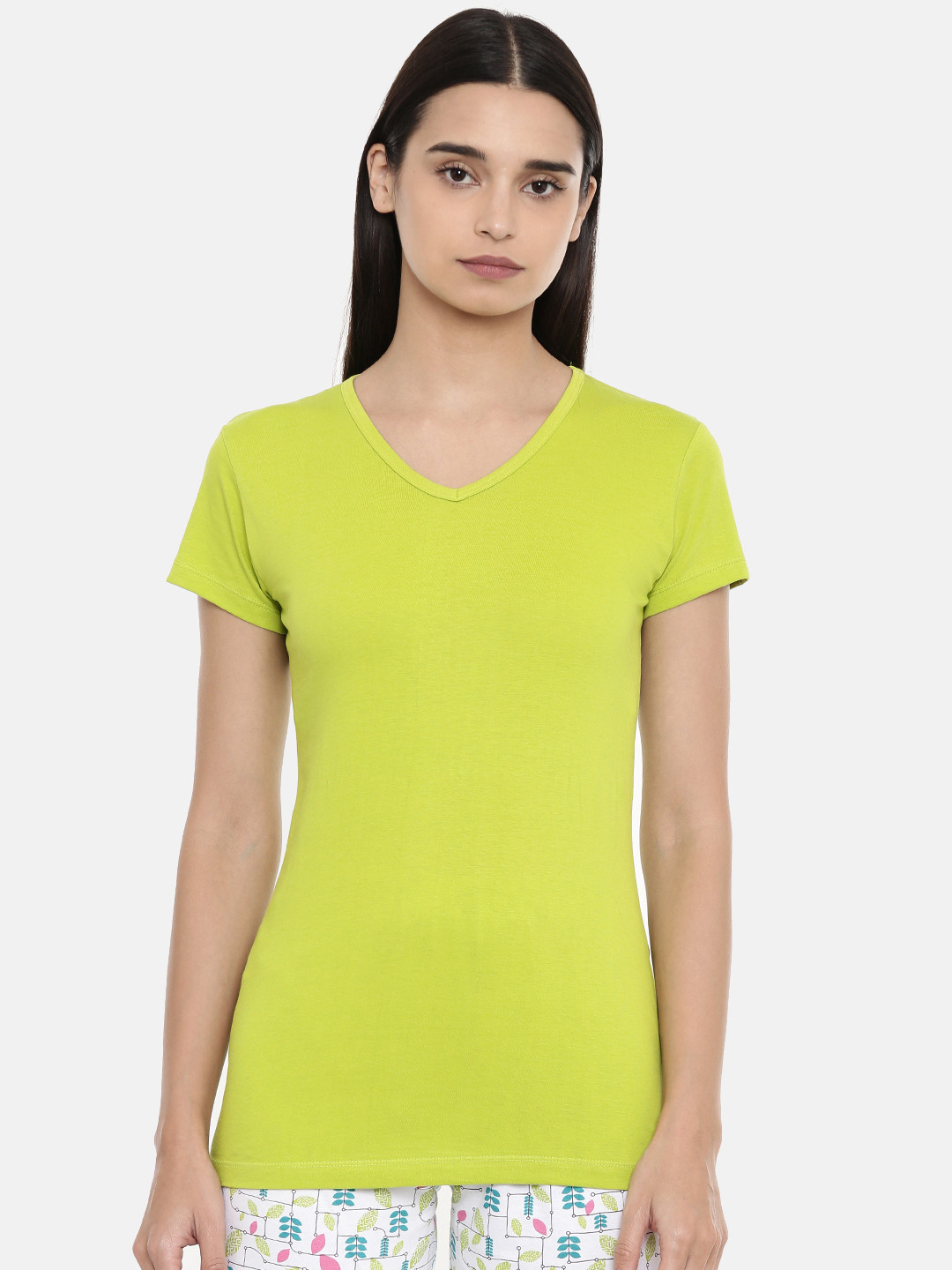 zebu Women Lime Green Solid V-Neck Lounge T-Shirt