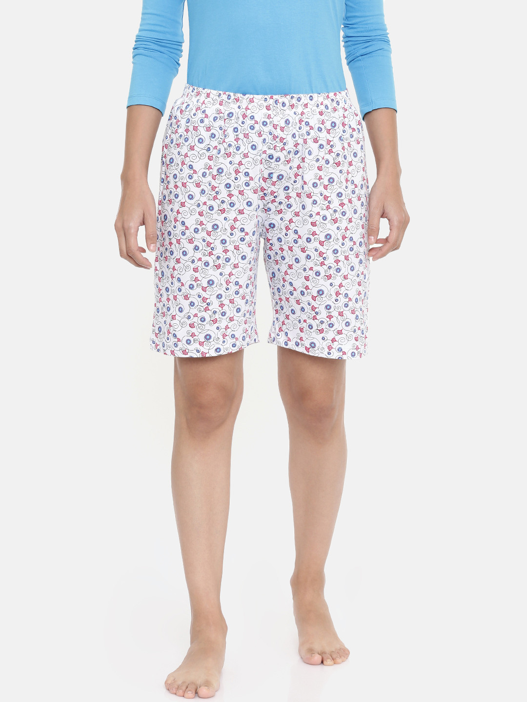 zebu Women White & Pink Printed Lounge Shorts