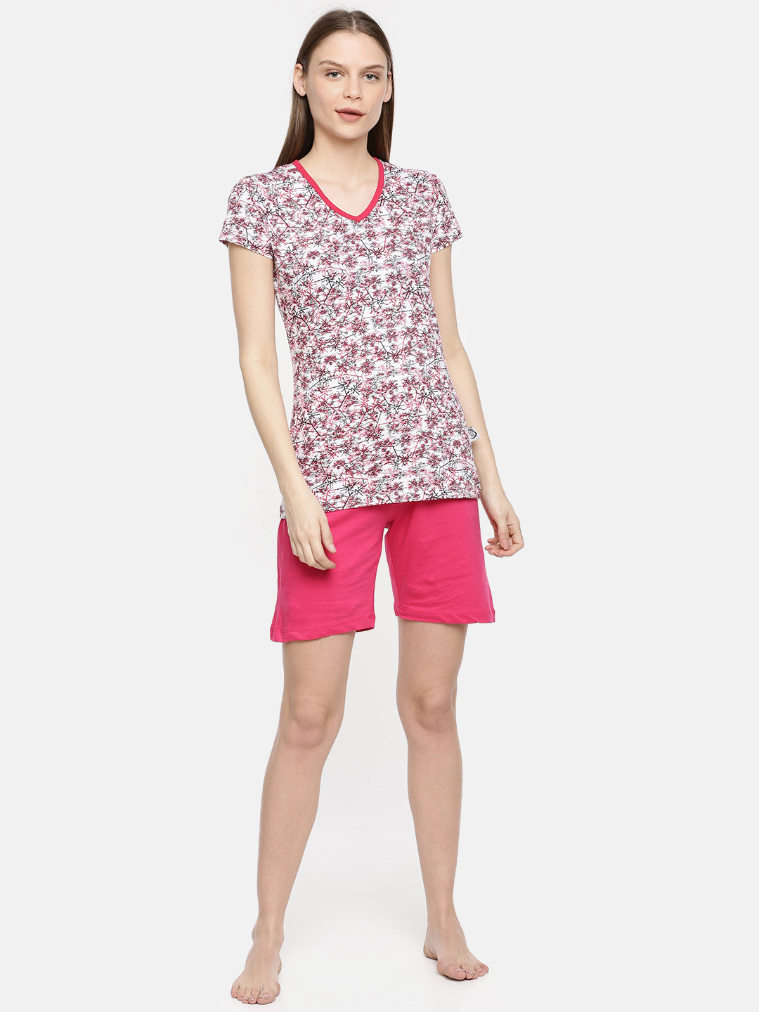 zebu Women White & Pink Printed Night suit
