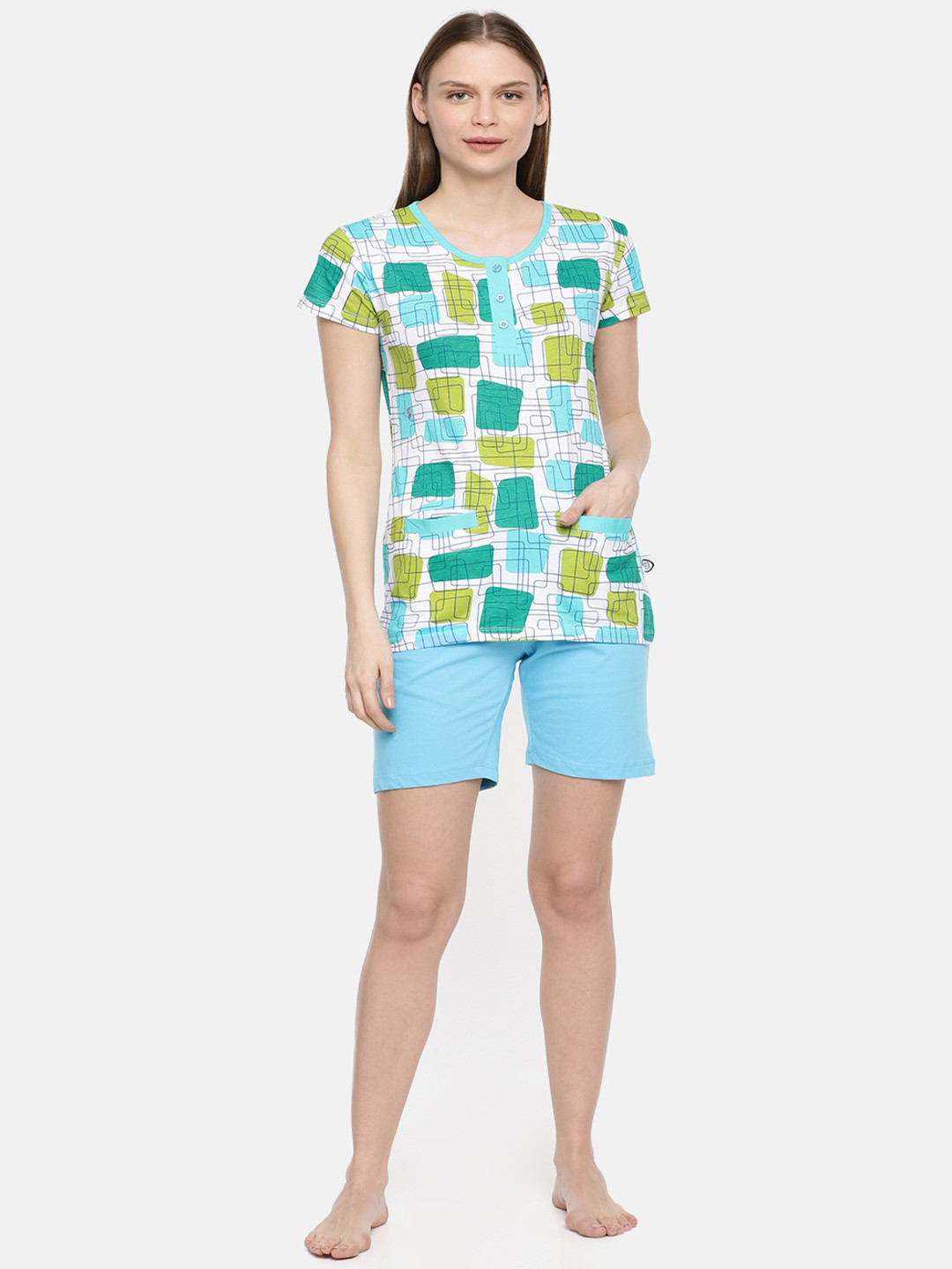 zebu Women White & Turquoise Blue Printed Night suit