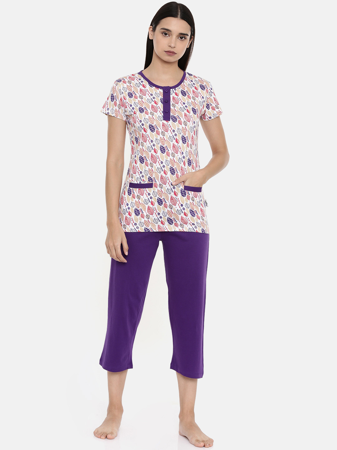 zebu Women White & Purple Printed Night suit