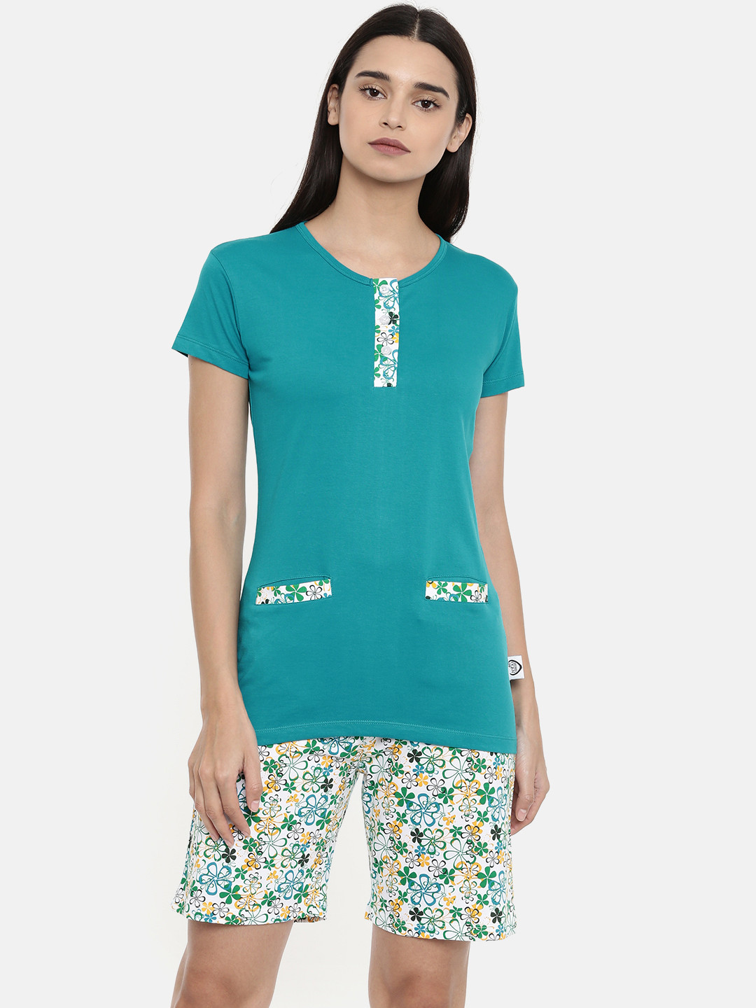 zebu Women Turquoise Blue & White Solid Night suit