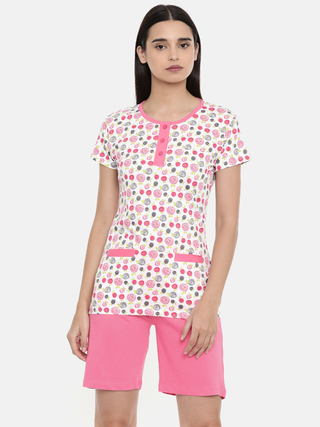 zebu Women Pink & White Printed Night suit
