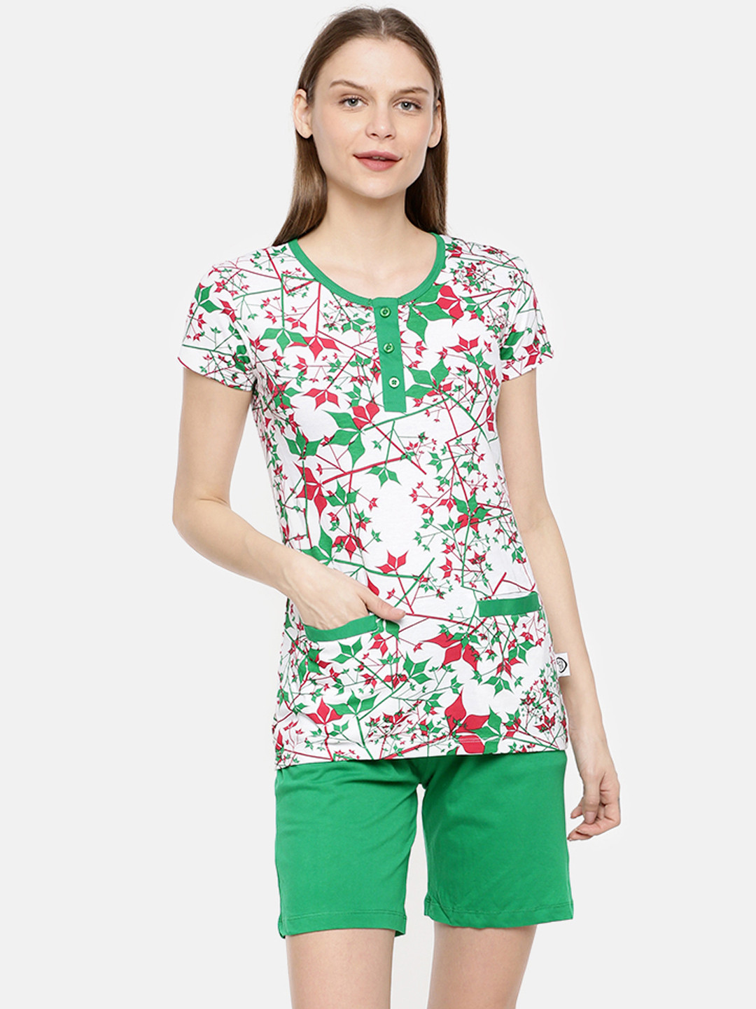 zebu Women White & Green Printed Night Suit