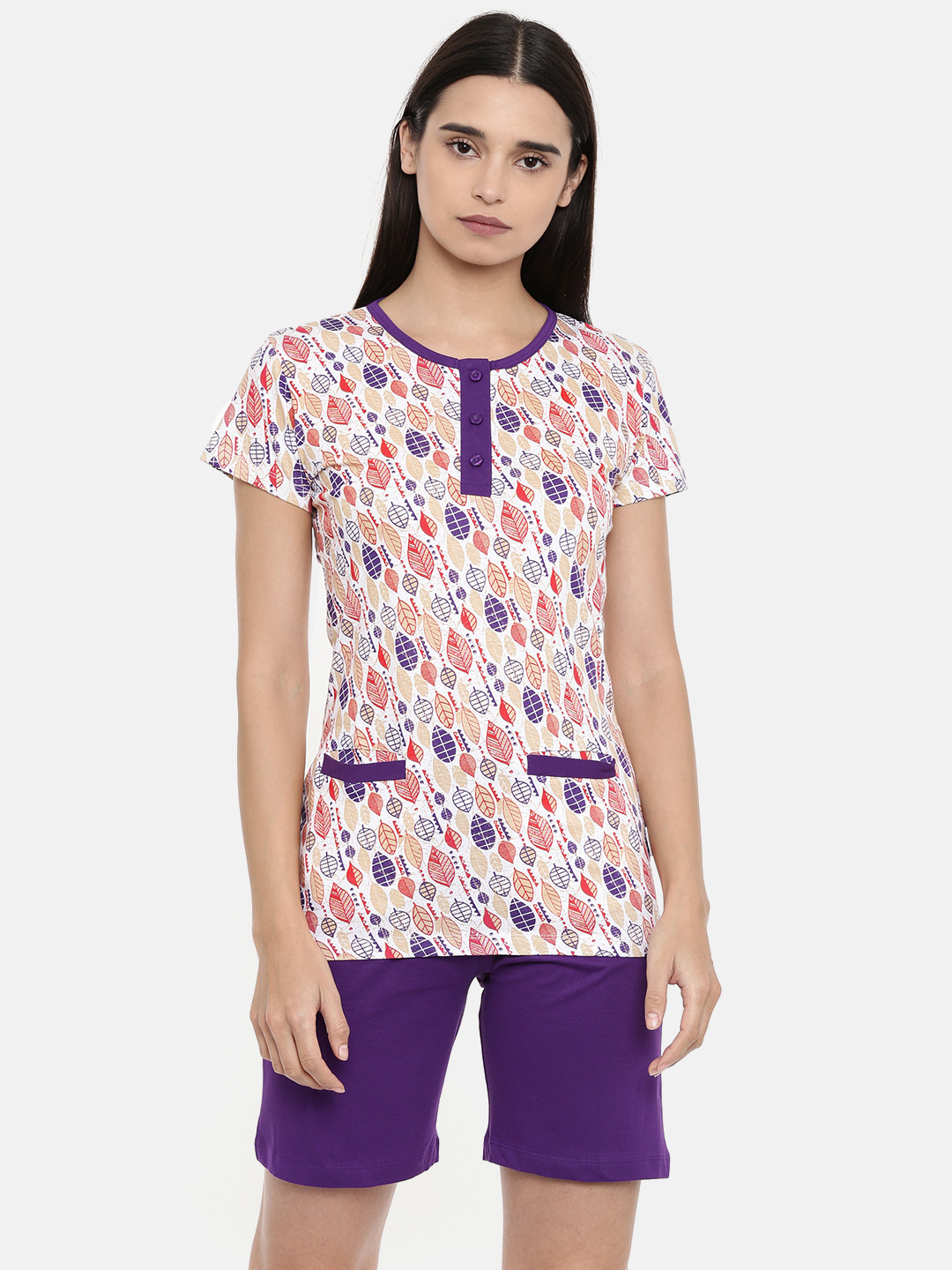 zebu Women Purple & White Printed Night suit