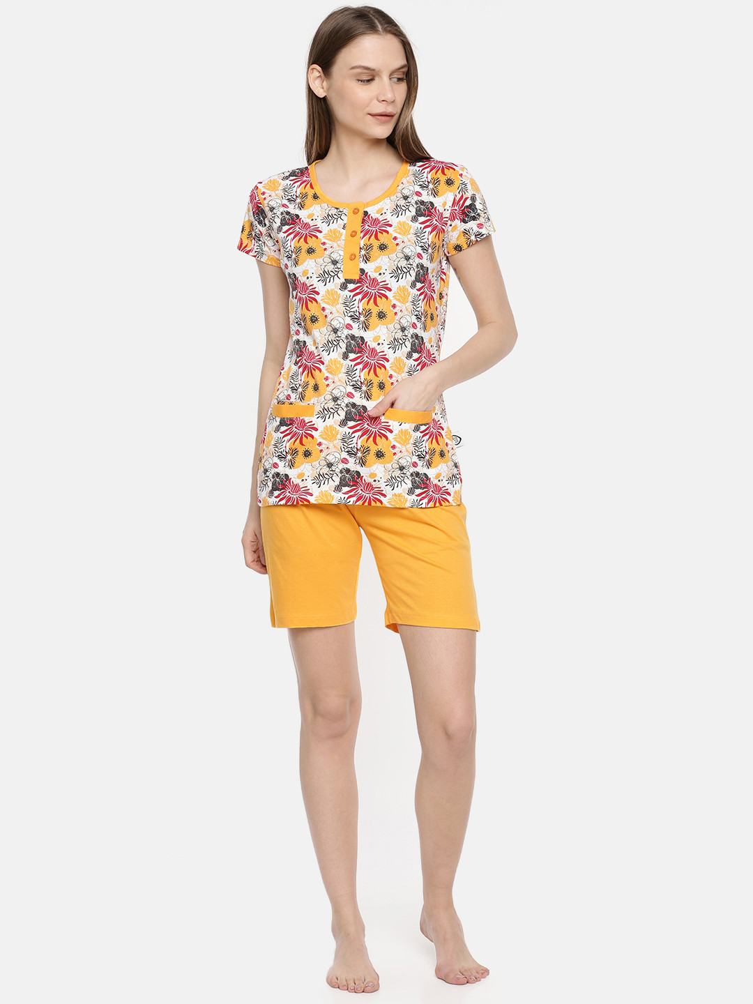 zebu Women White & Mustard Yellow Printed Night Suit