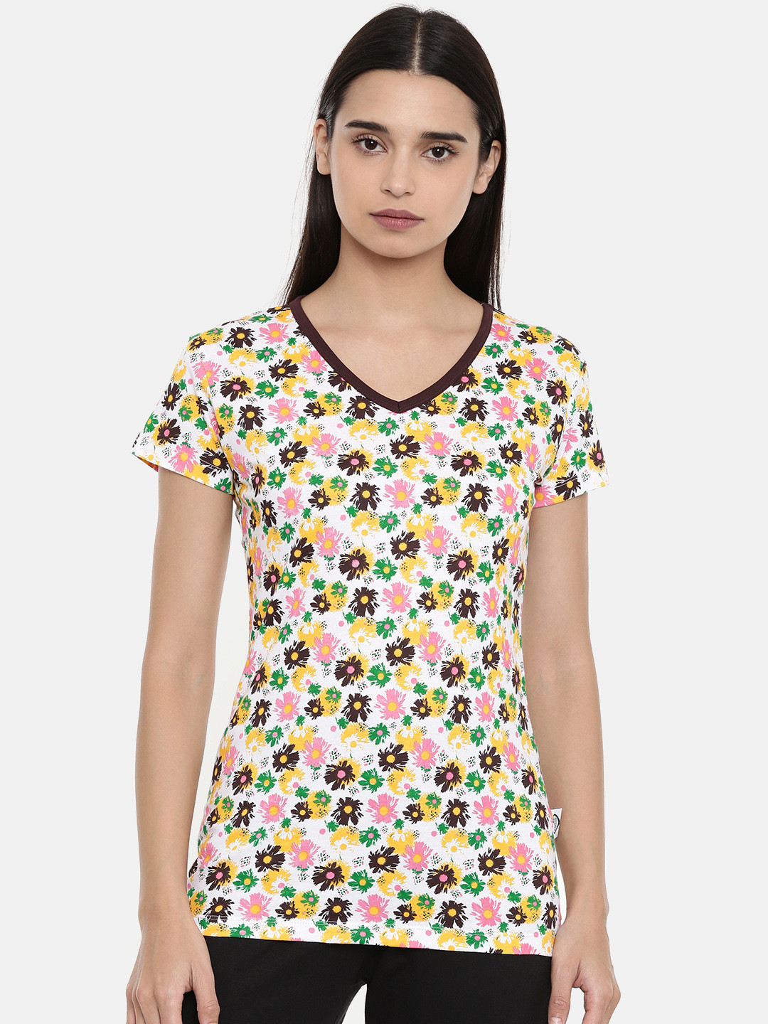 zebu Women White & Brown Printed V-Neck Lounge T-shirt