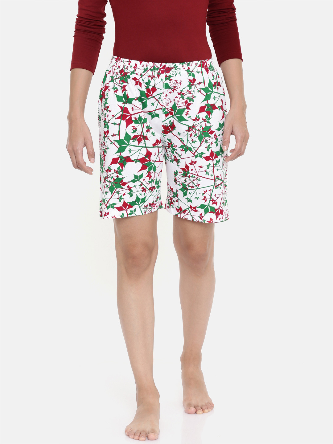 zebu Women White & Green Lounge Printed Shorts