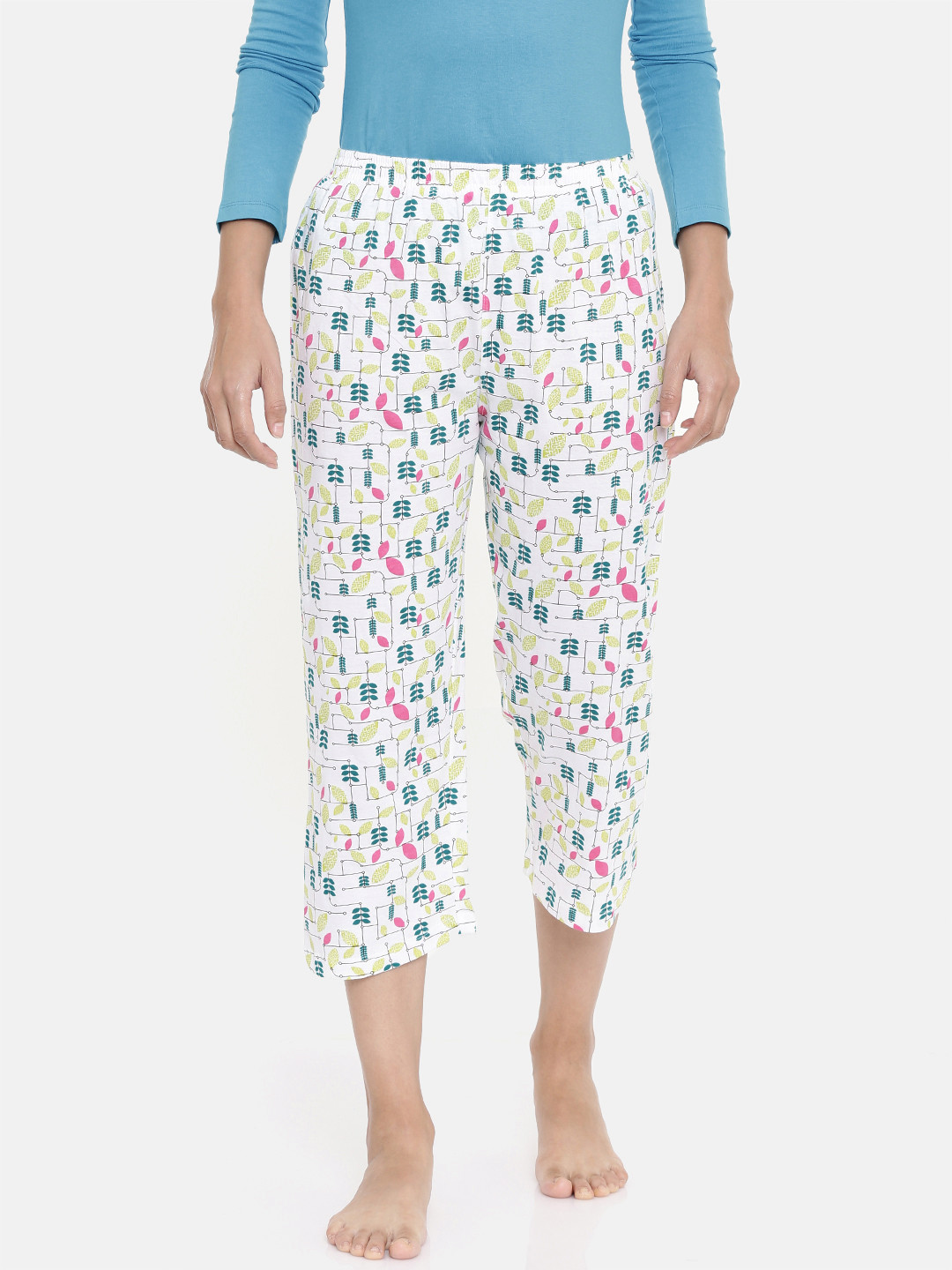 zebu Women White & Green Printed Regular Fit Lounge pants