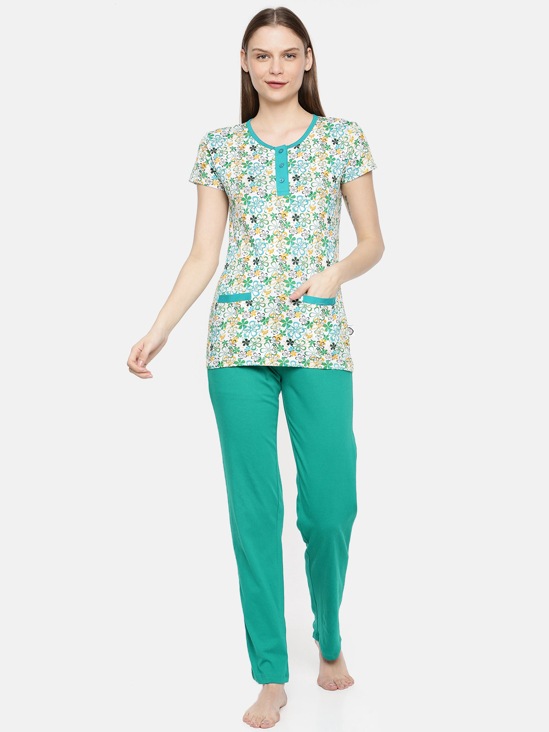 zebu Women White & Green Printed Night suit