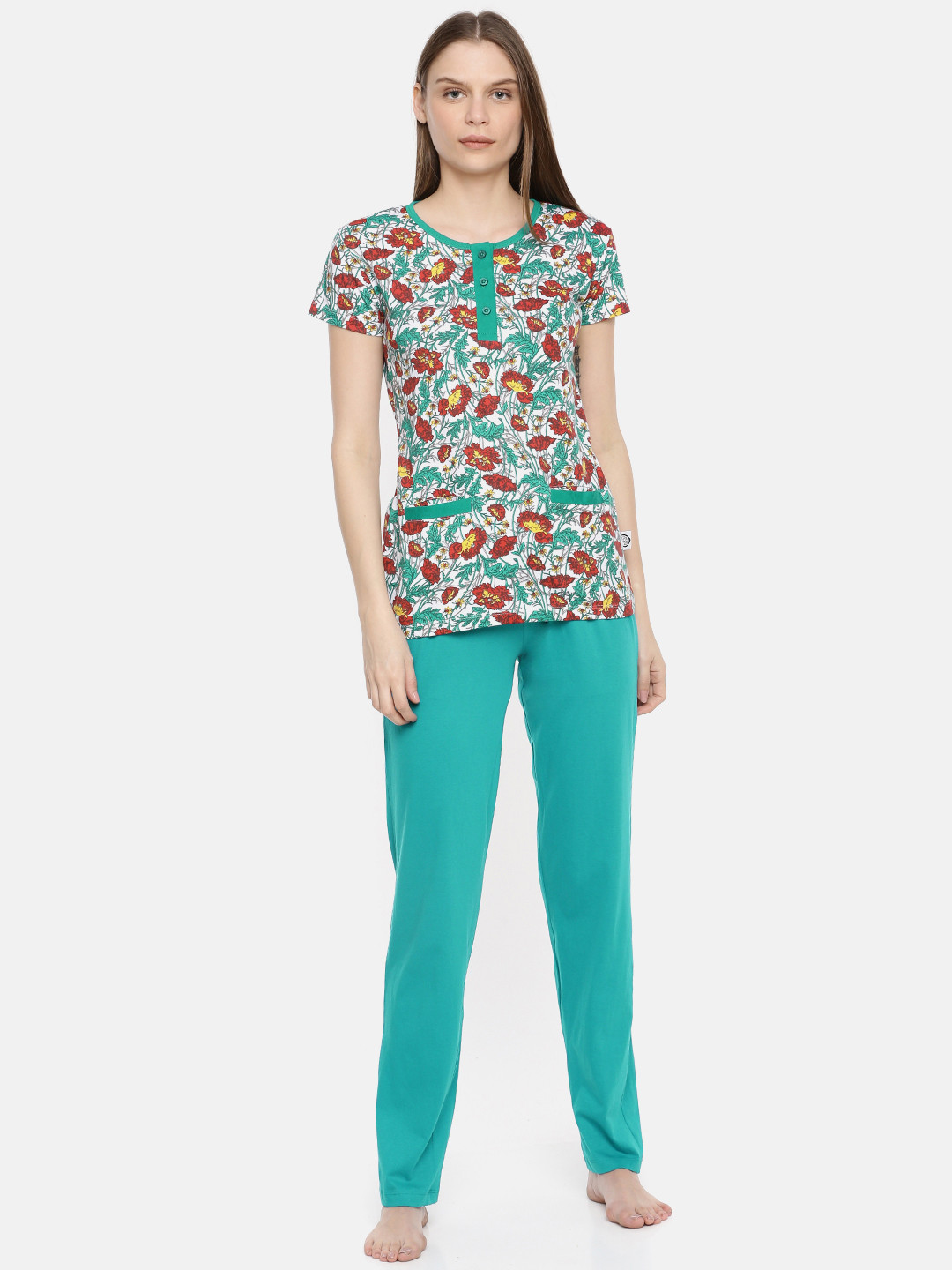 zebu Women White & Blue Printed Night Suit