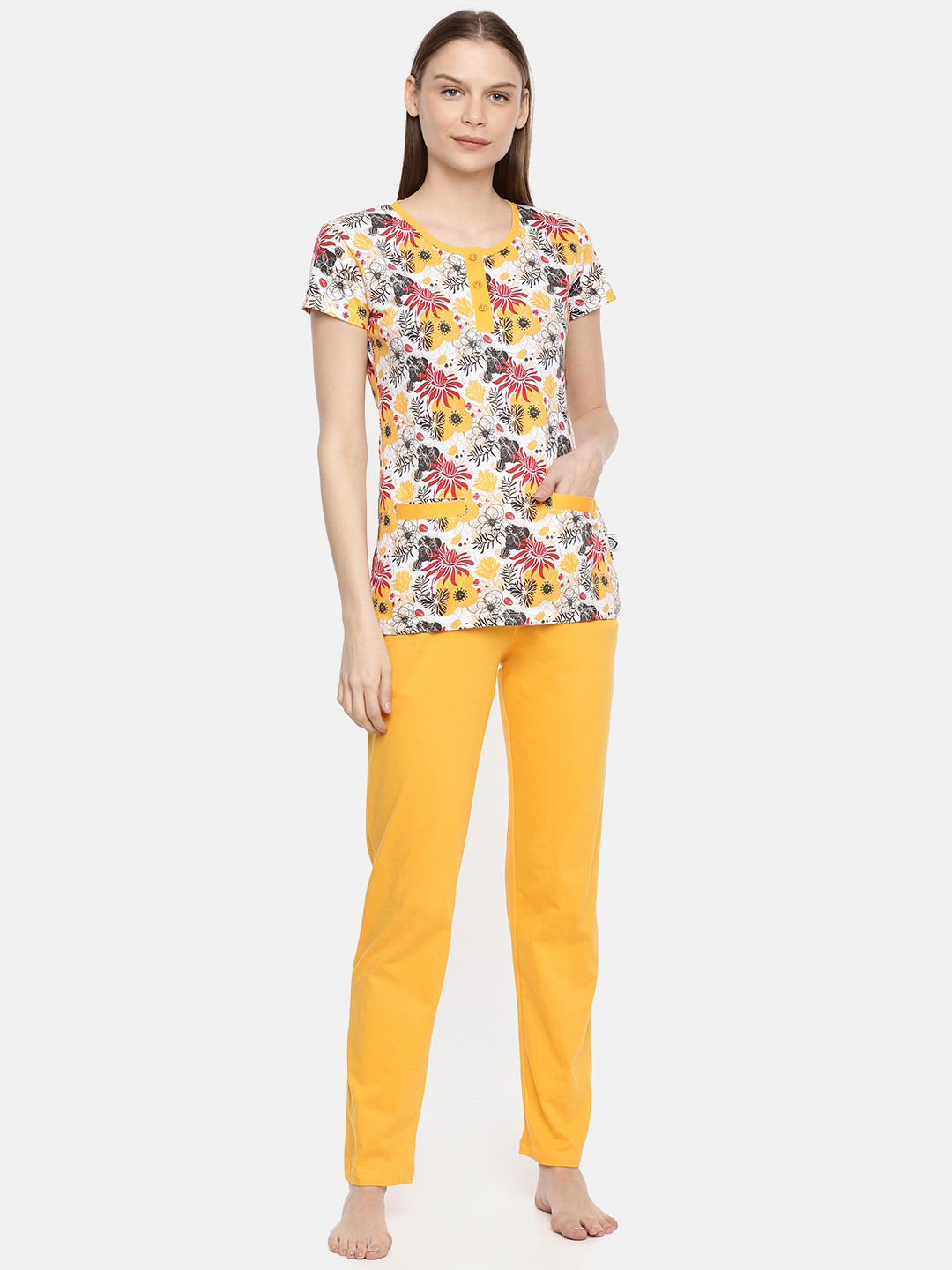 zebu Women Yellow & White Printed Night suit