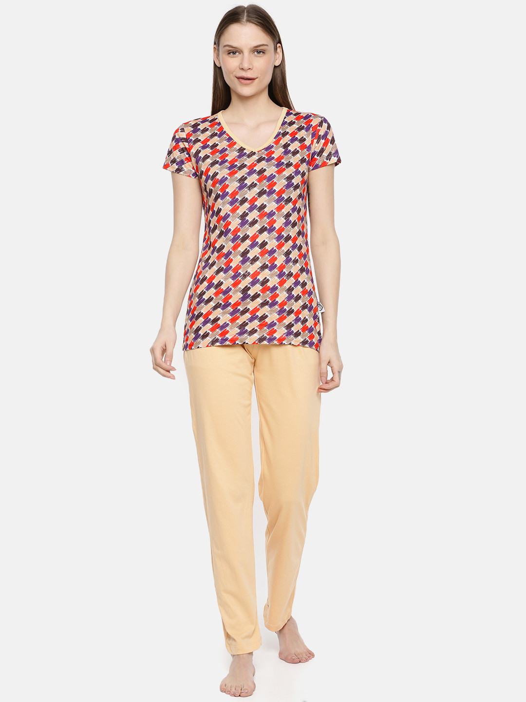 zebu Women Beige & Red Printed Night Suit