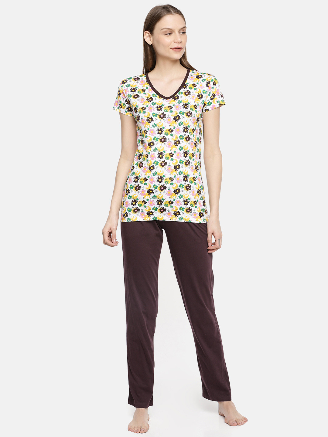 zebu Women White & Brown Printed Night suit