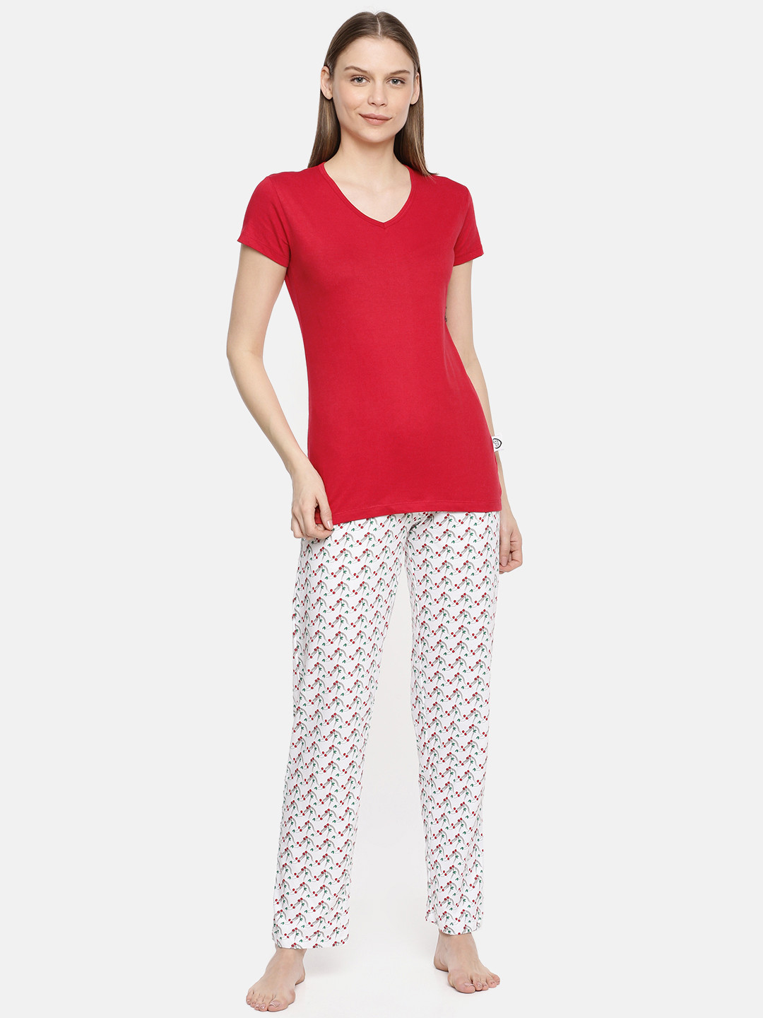 zebu Women Red & White Solid Night Suit