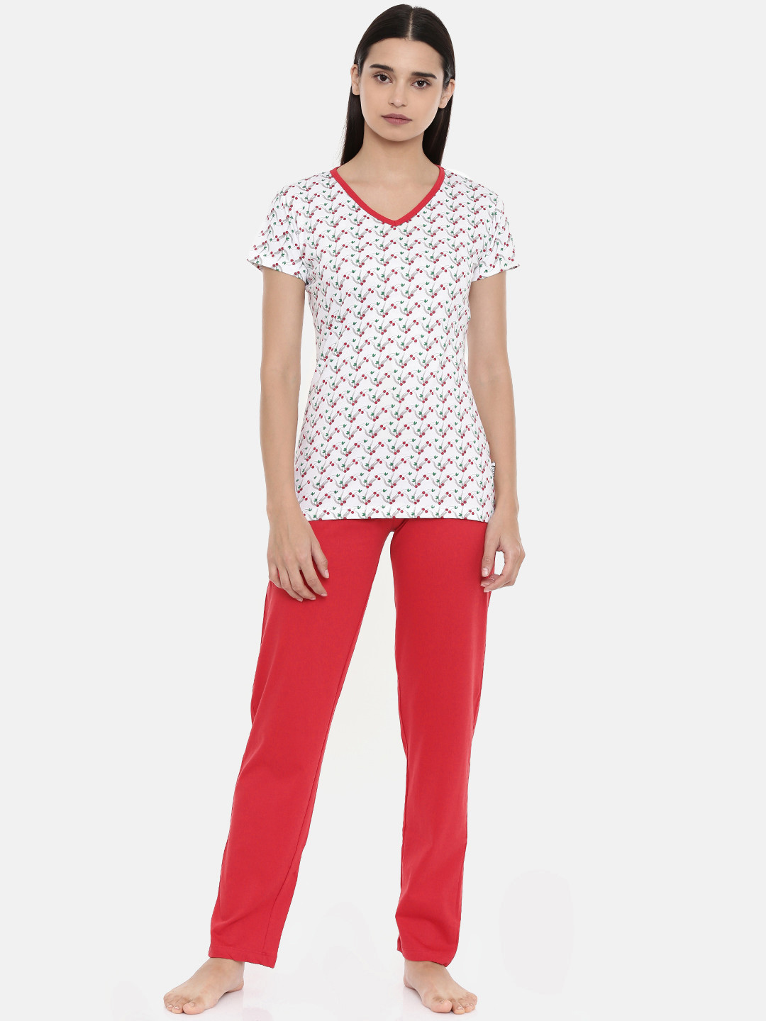 zebu Women White & Red Printed Night suit