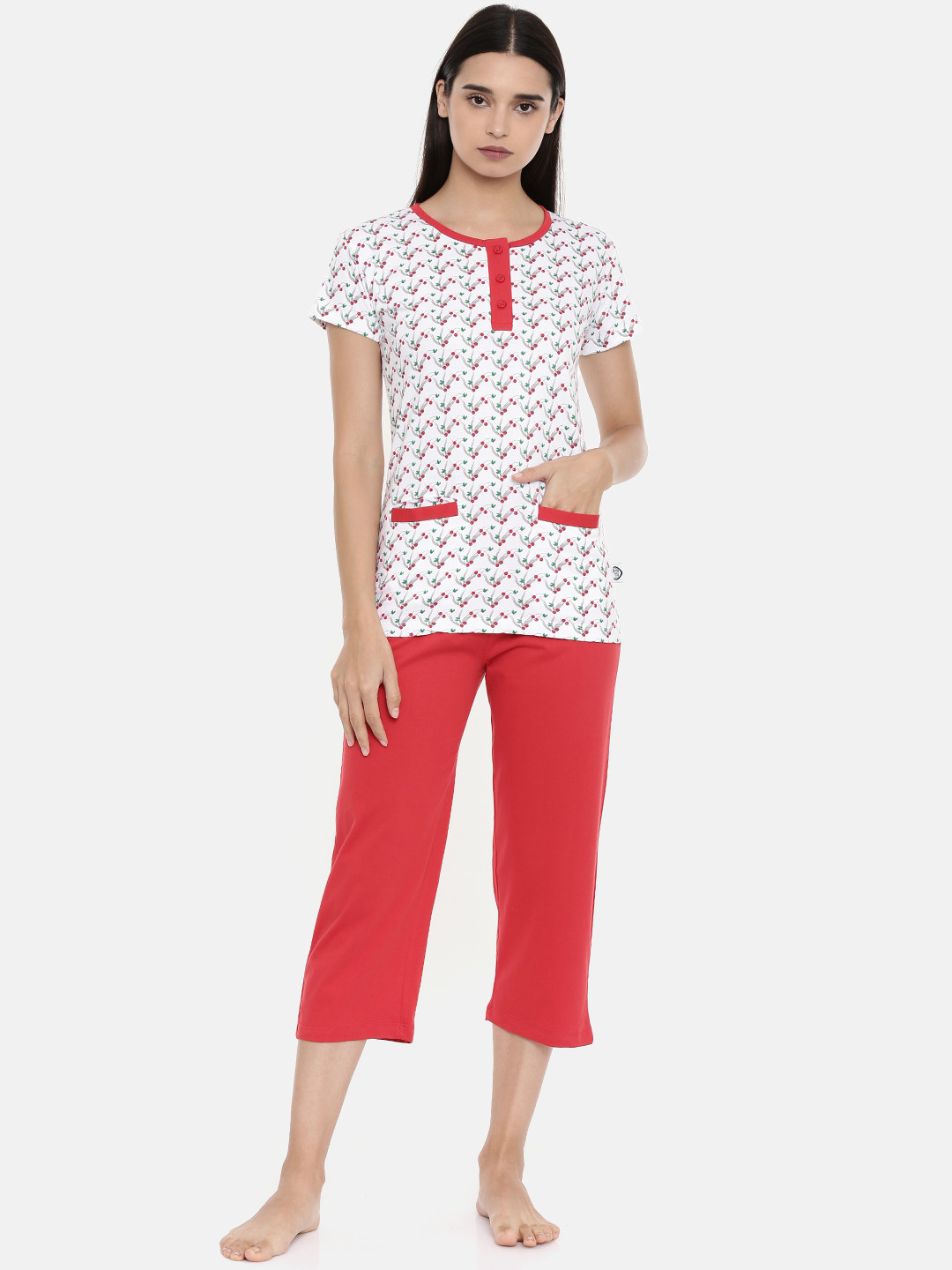 zebu Women White & Red Printed Night suit