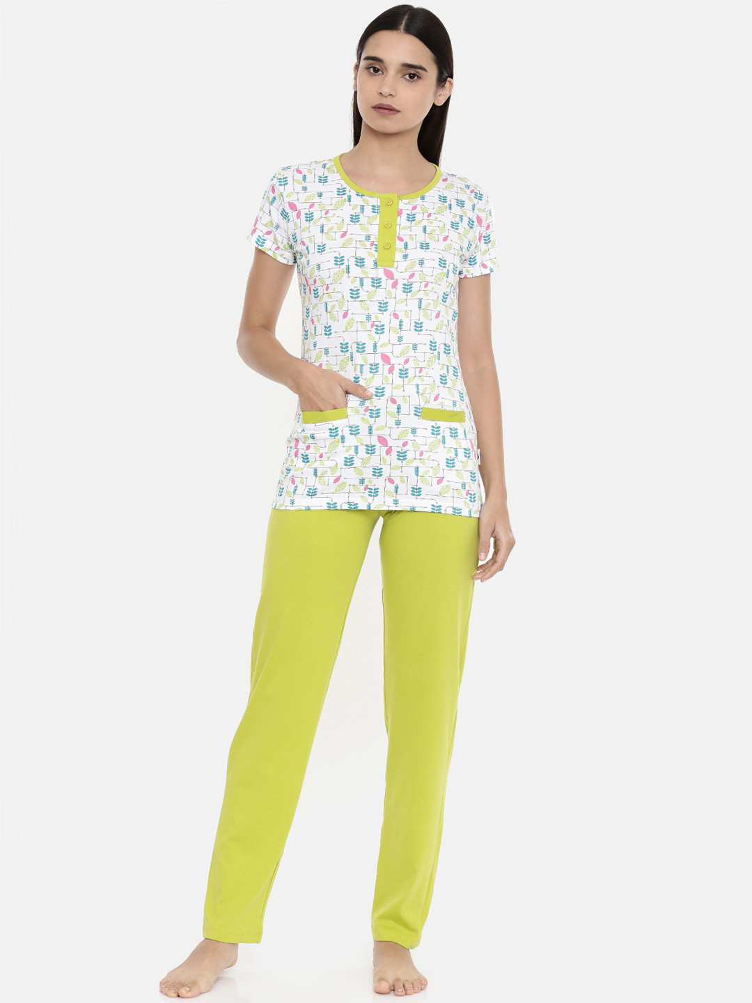 zebu Women White & Lime Green Printed Night suit