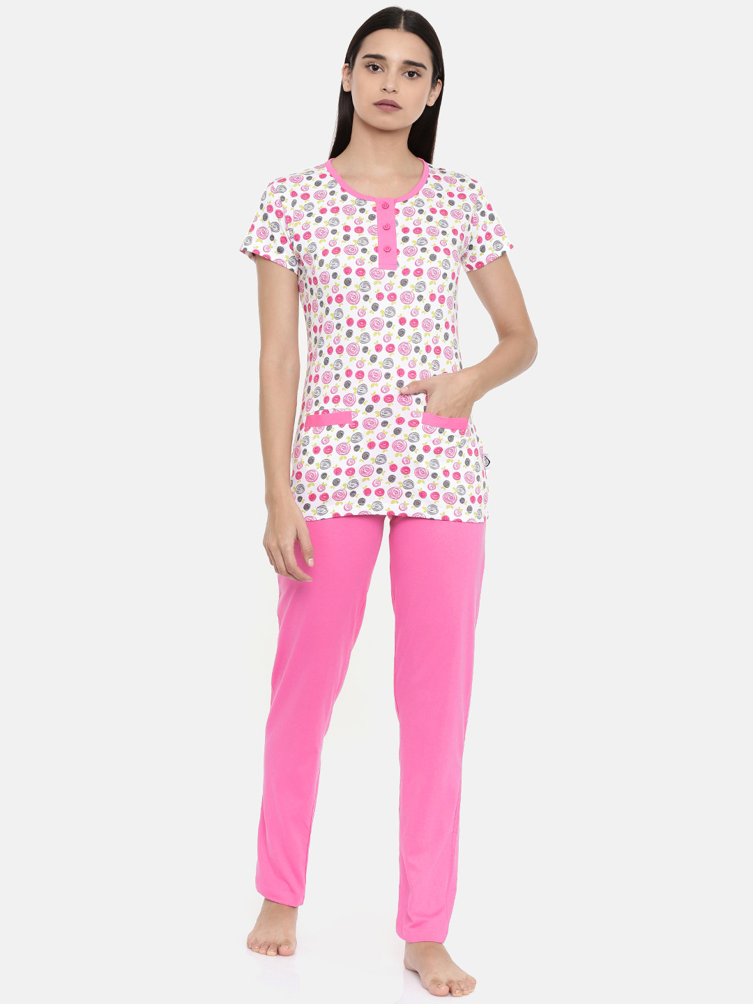 zebu Women White & Pink Printed Night suit