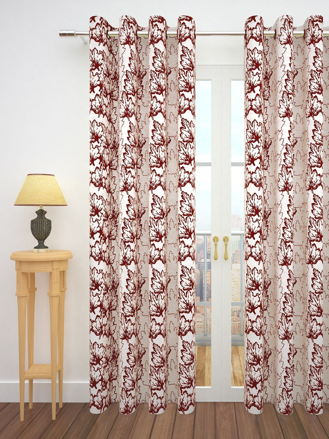 Story@home Red & Off-White 300GSM Semi Blackout Jacquard Eyelet Ringtop Single Door Curtain