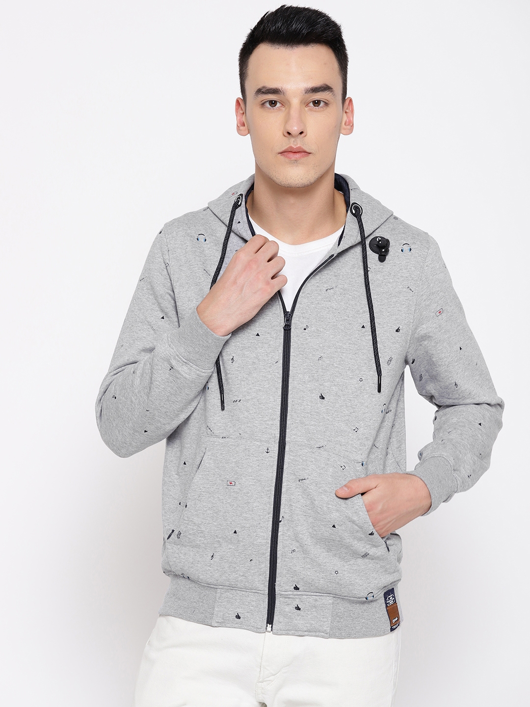 Monte Carlo Men Grey Melange Printed Hooded Sweatshirt with MP3 Player