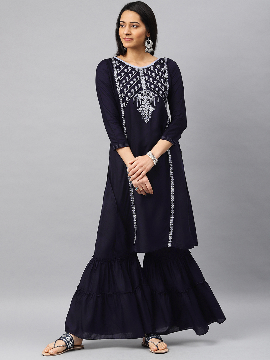 Kvsfab Women Navy Blue Embroidered Kurta with Sharara