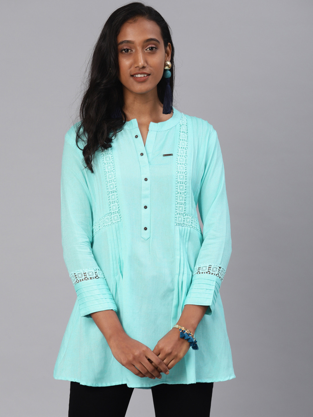 Kvsfab Women Turquoise Blue Yoke Design A-Line Kurti