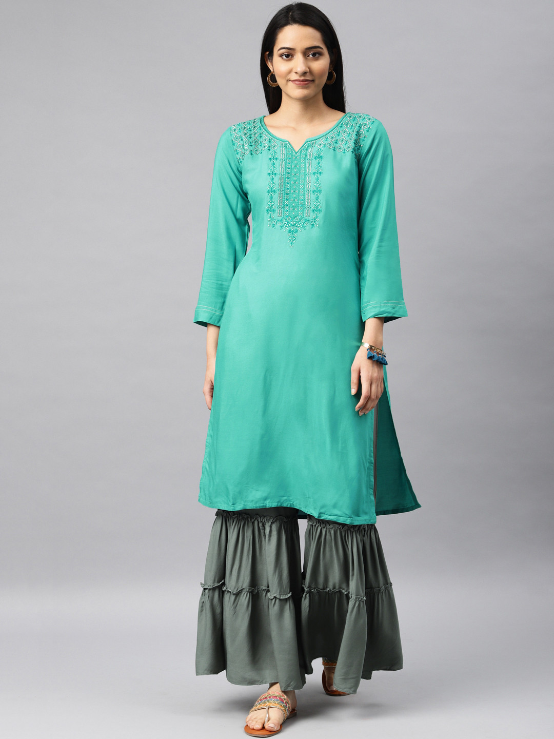 Kvsfab Women Turquoise Blue & Grey Embroidered Kurta with Sharara