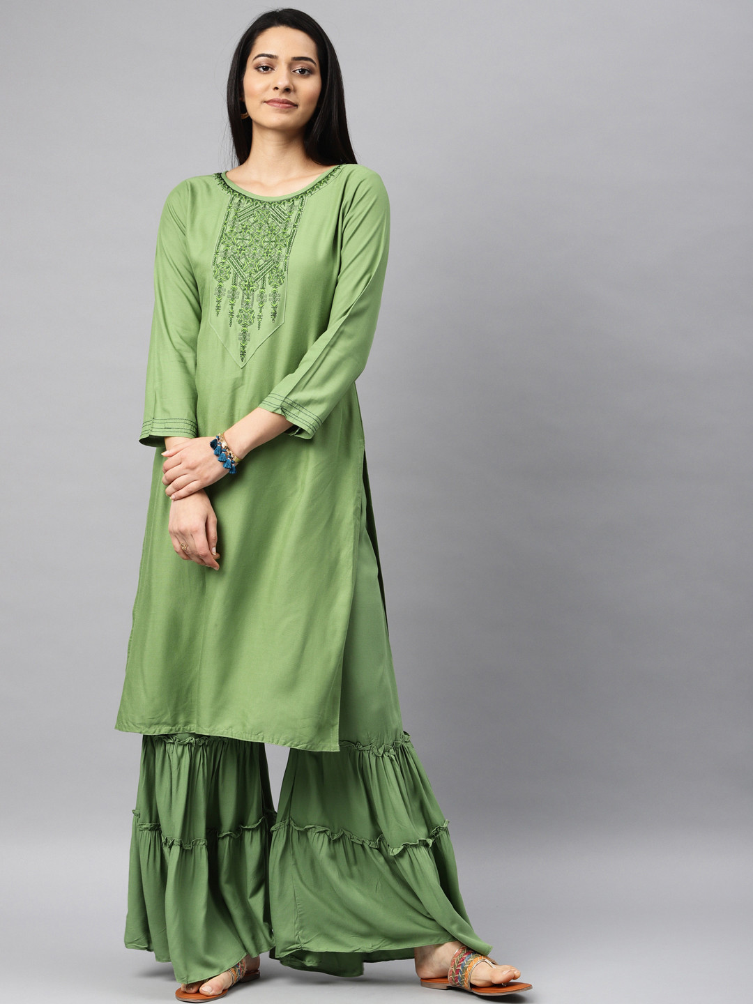 Kvsfab Women Green Yoke Design Kurta with Sharara