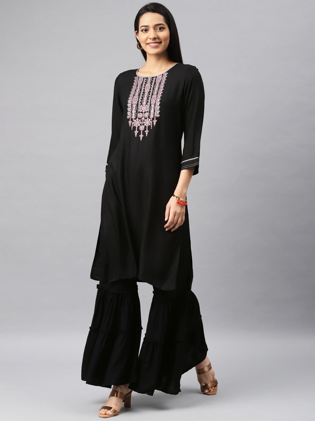 Kvsfab Women Black Embroidered Kurta with Sharara