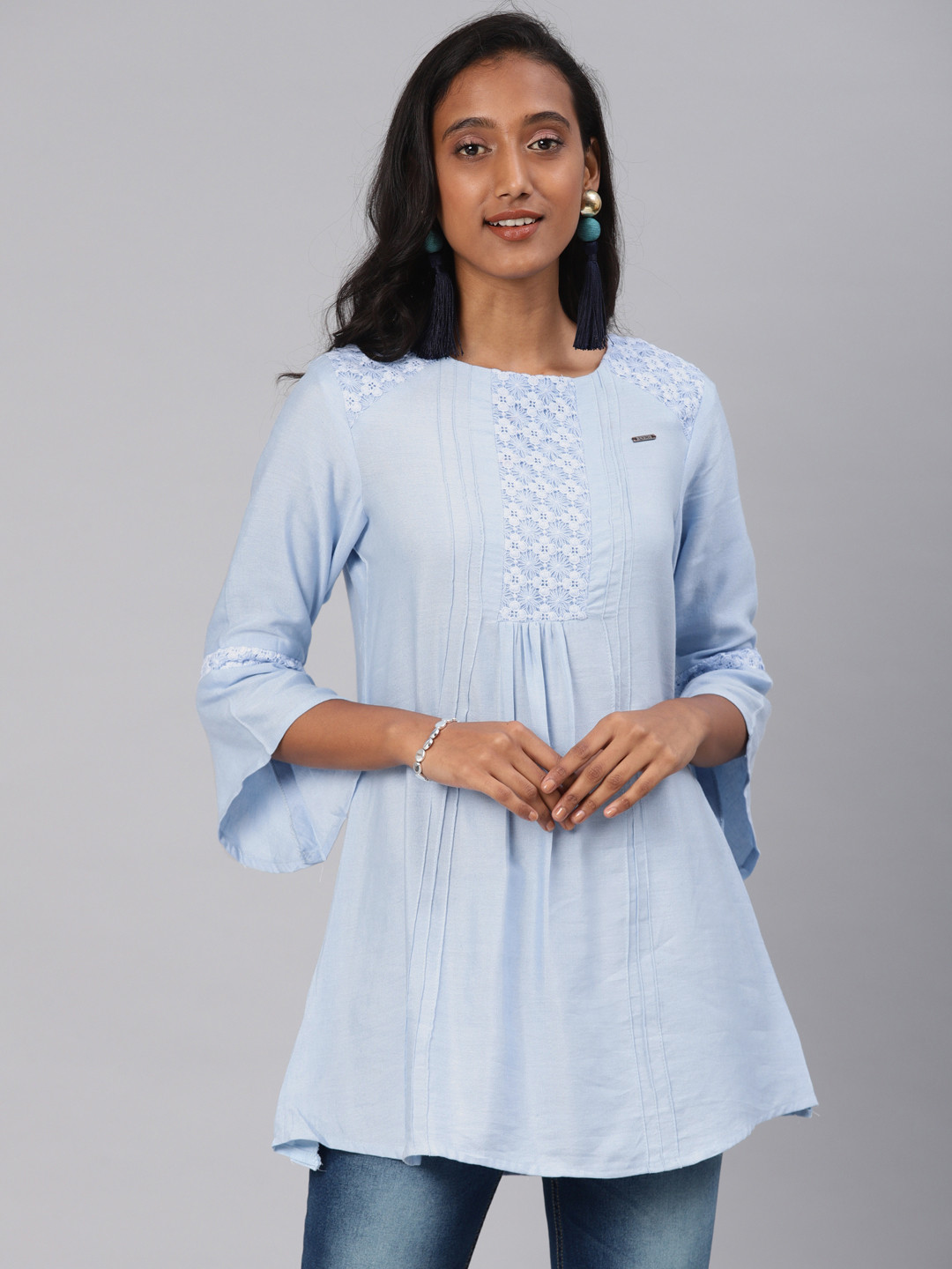 Kvsfab Women Blue Yoke Design A-Line Kurti