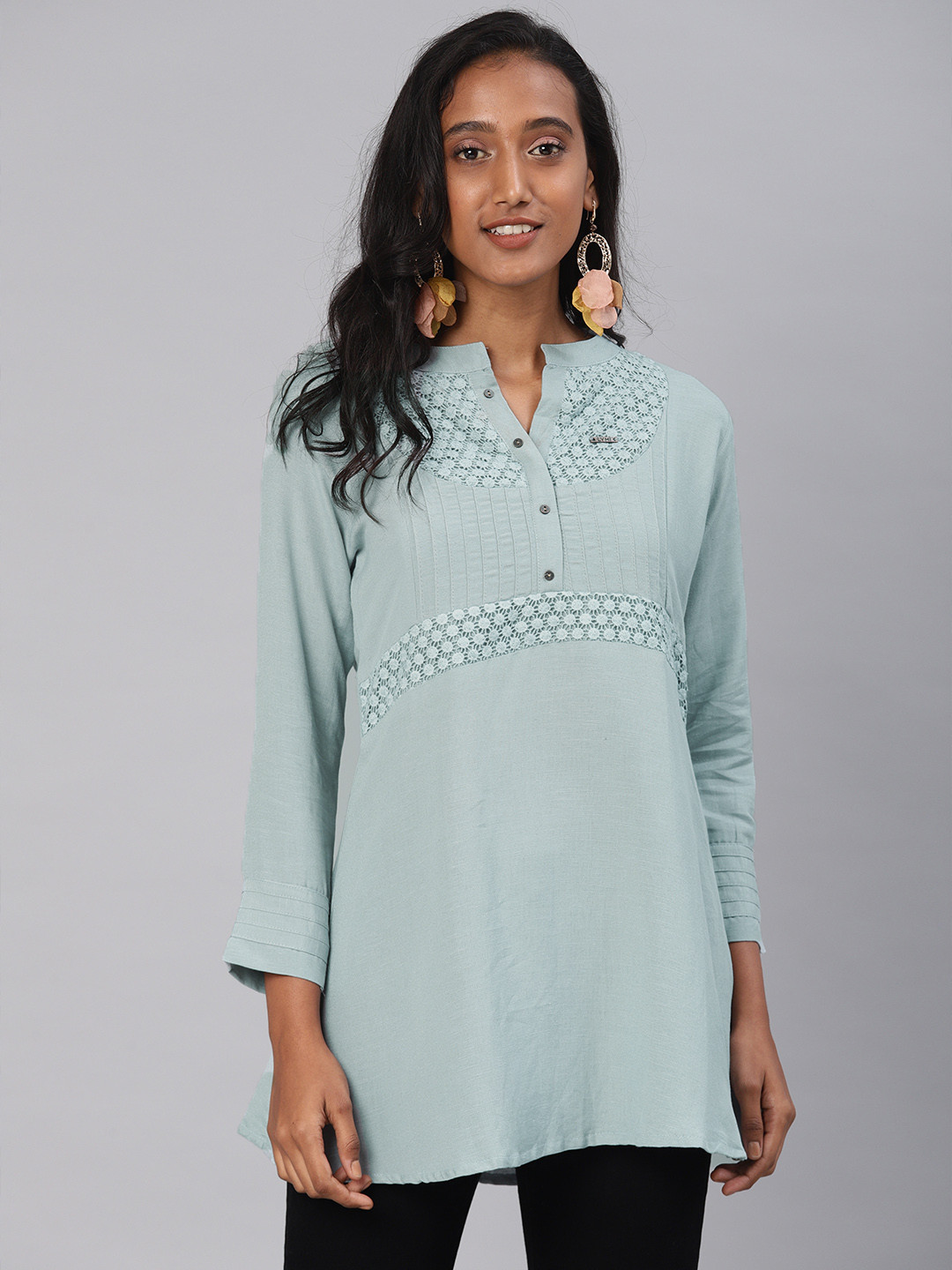 Kvsfab Women Grey with a tinge of Blue Embroidered Straight Kurti