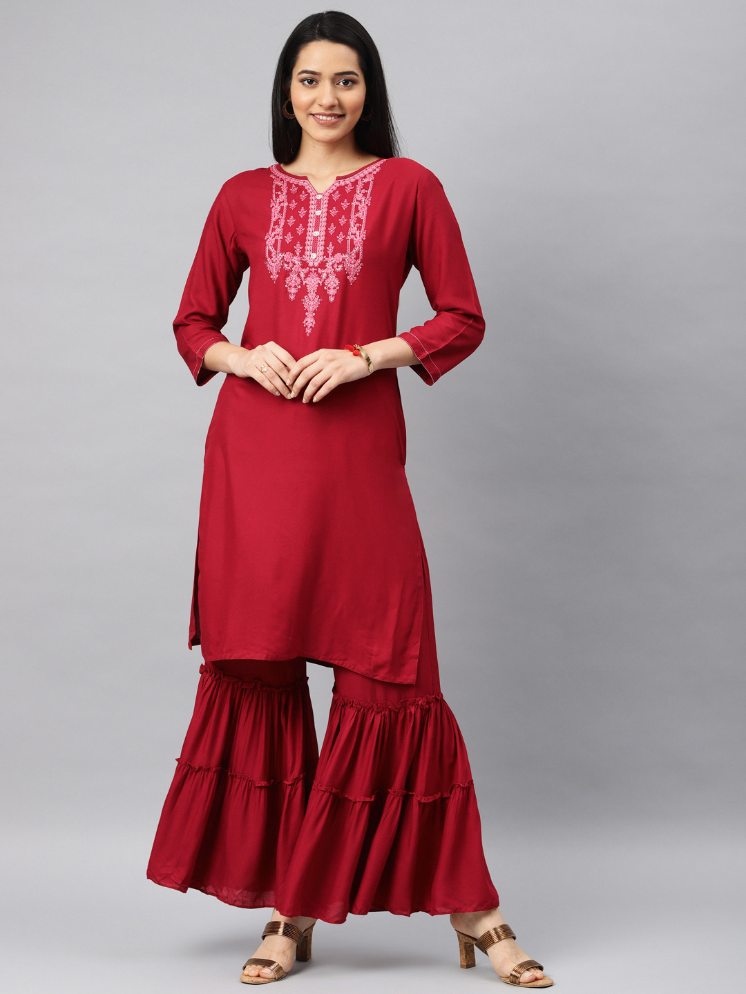 Kvsfab Women Red Embroidered Kurta with Sharara