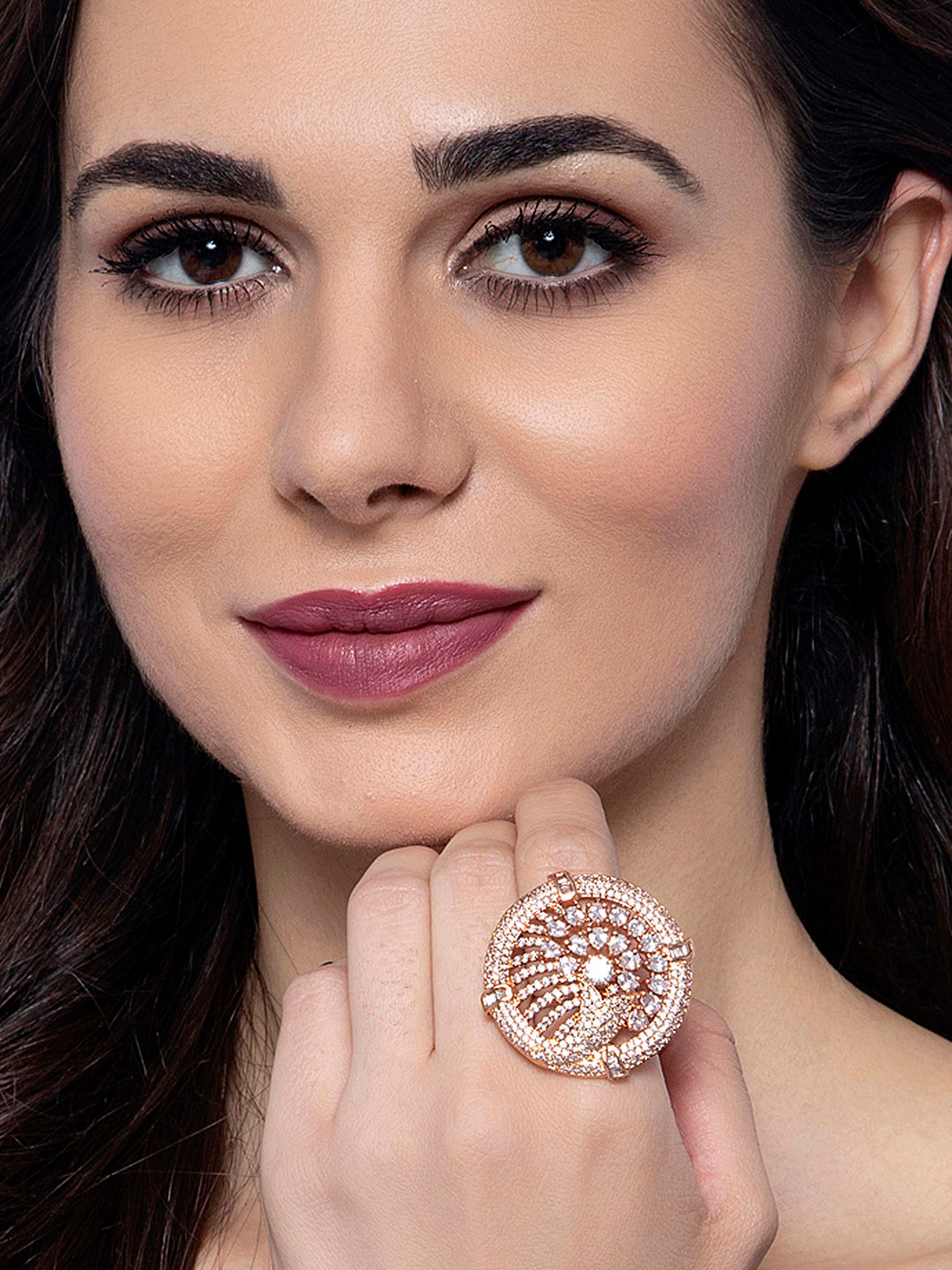 ANIKAS CREATIONS Women Rose Gold-Plated & White AD-Studded Handcrafted Adjustable Finger Ring