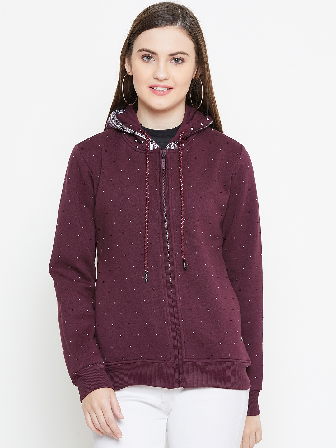 Buy Monte Carlo Women Burgundy u0026 White Printed Hooded Sweatshirt -  Sweatshirts for Women 10535598 | Myntra