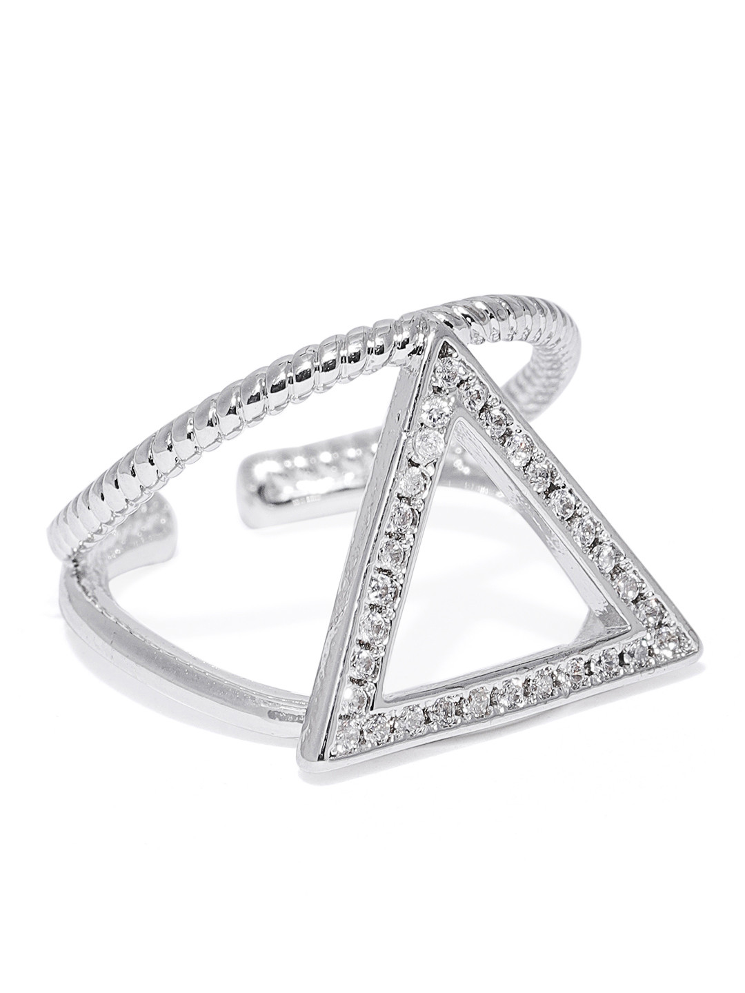 Sukkhi Silver-Toned Rhodium Plated Studded Triangle Shaped Finger Ring