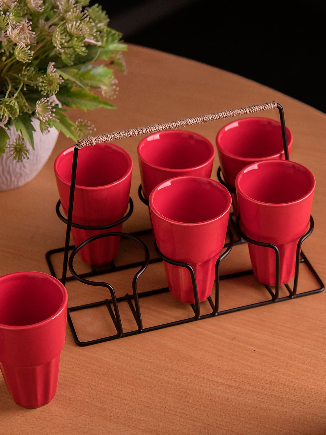 Homesake Set of 6 Red Ceramic Chai Glasses With Stand