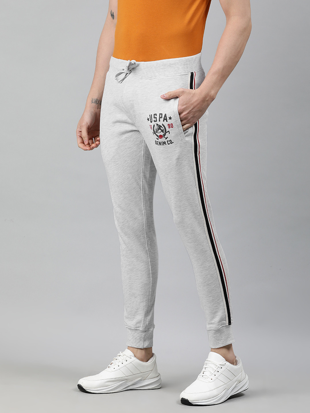 U.S. Polo Assn. Denim Co. Men Grey Melange Slim Fit Solid Joggers with Side Stripes