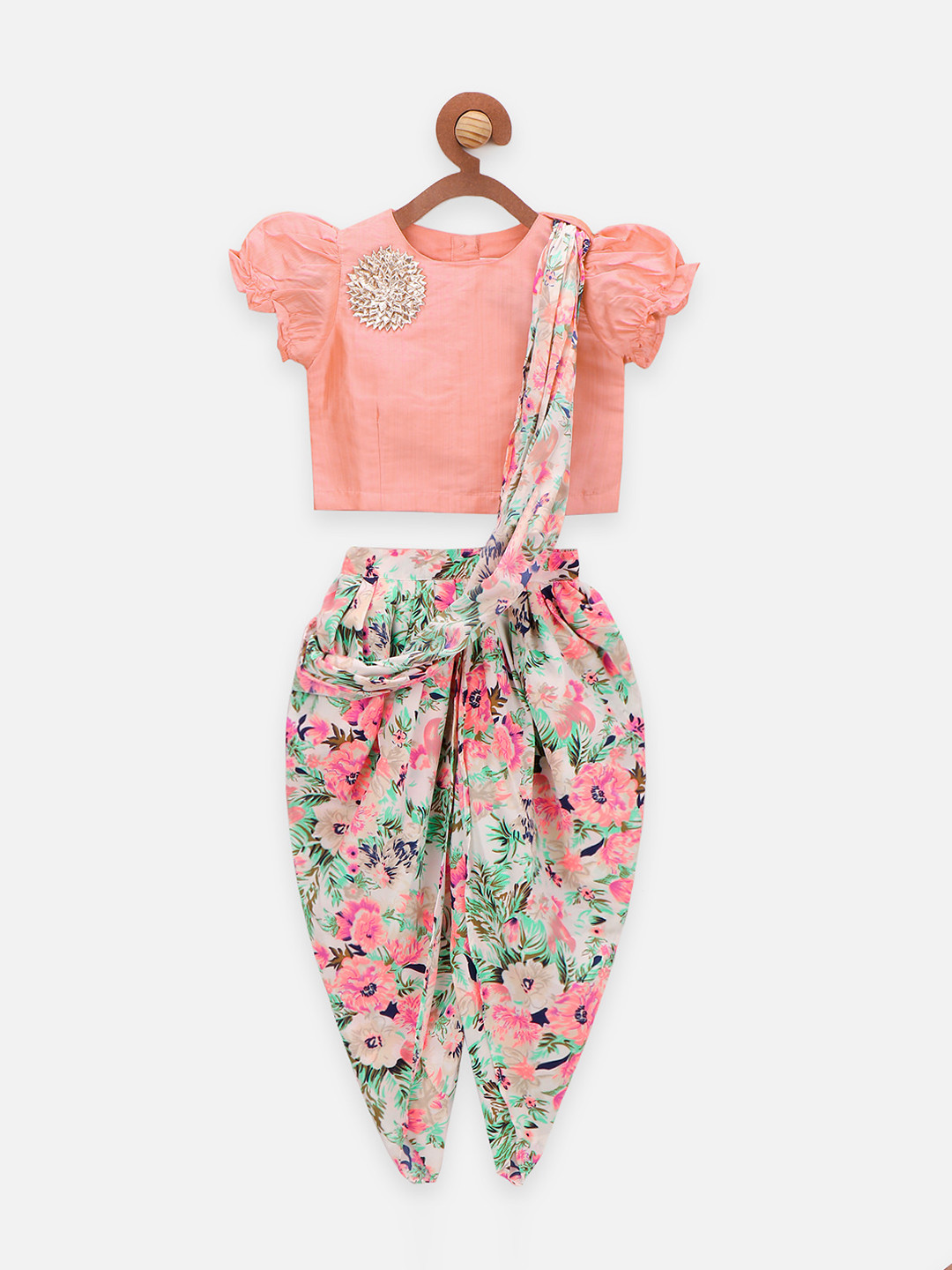 LilPicks Girls Peach-Coloured & White Pure Silk Top with Attached Dupatta Dhoti Pants