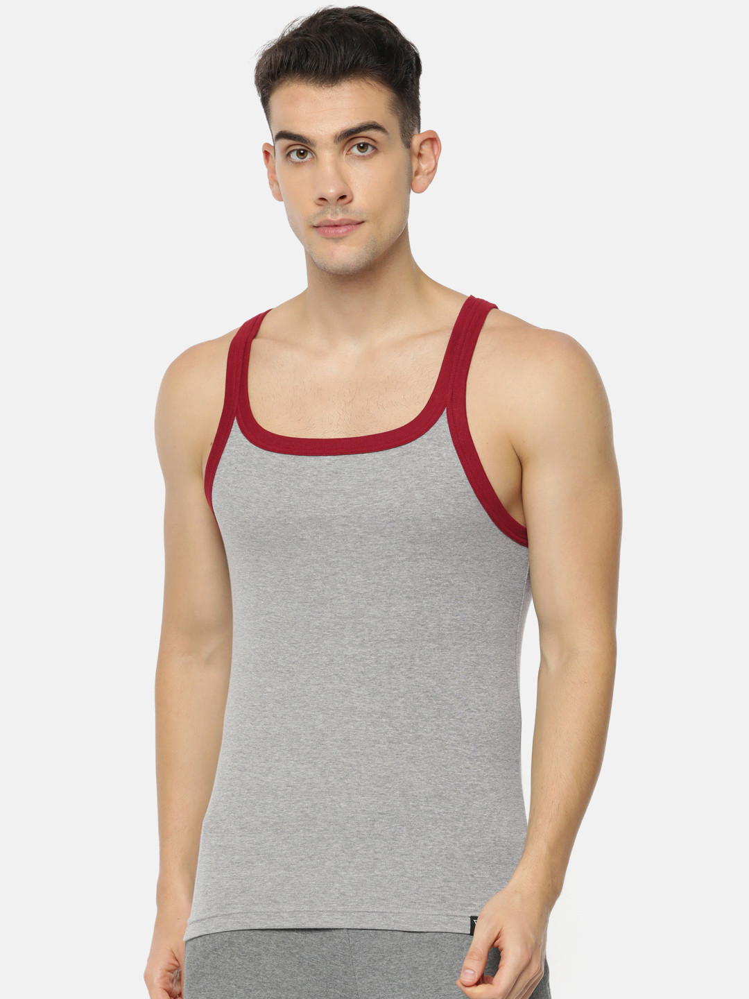 Van Heusen Innerwear Athleisure Men Grey Melange and Tomato Solid Moisture Wicking Ultra Soft Vest