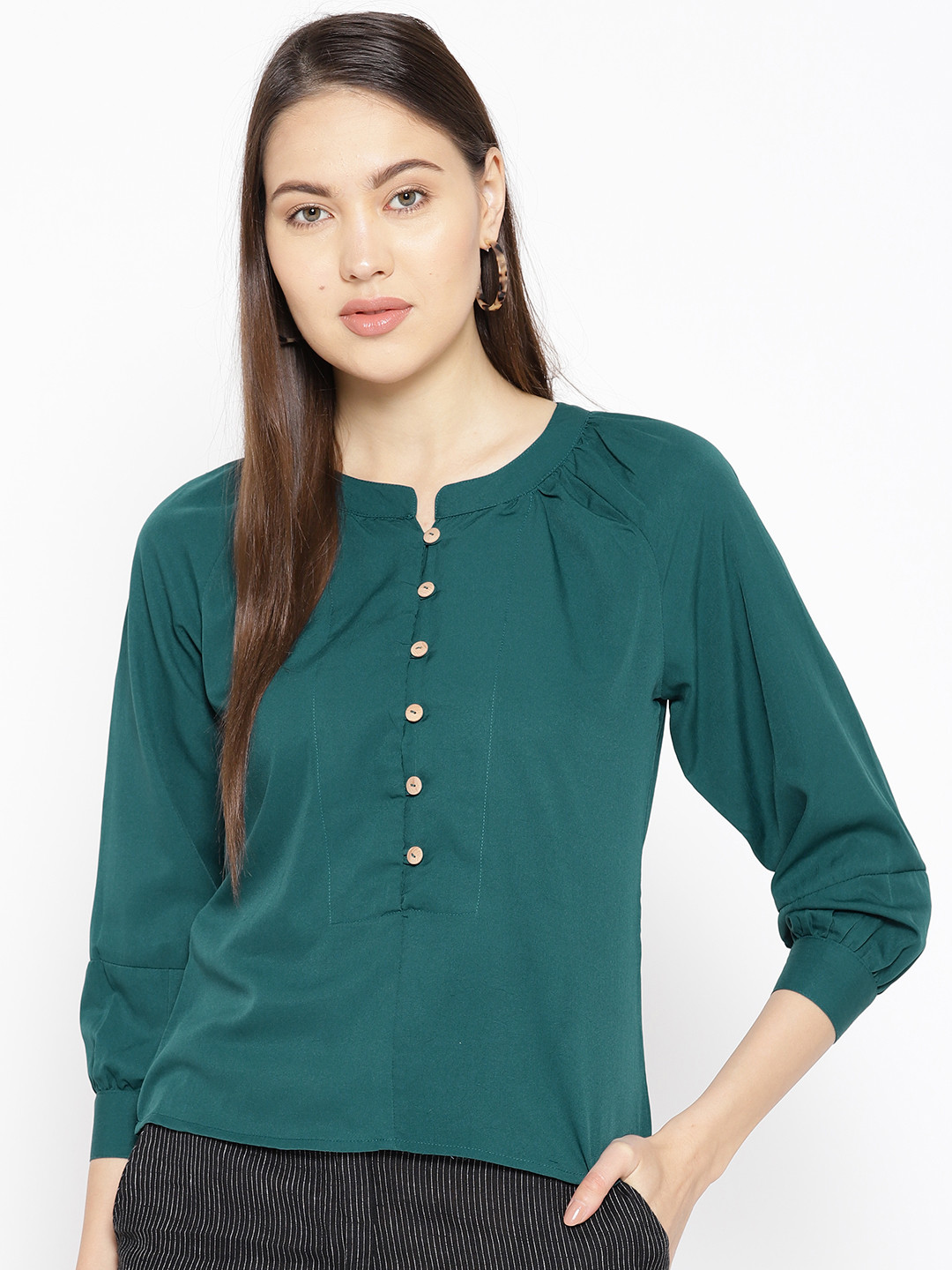 DODO & MOA Women Teal Green Solid Shirt Style Top